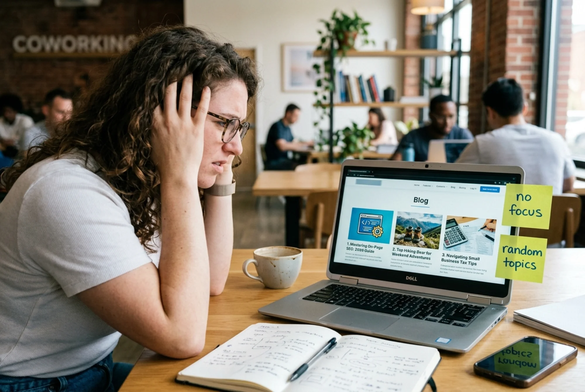 A frustrated marketing consultant at a coworking space looking at a website with three unrelated blog posts: one about SEO, one about hiking gear, one about tax tips, sticky notes on the screen reading "no focus" and "random topics"