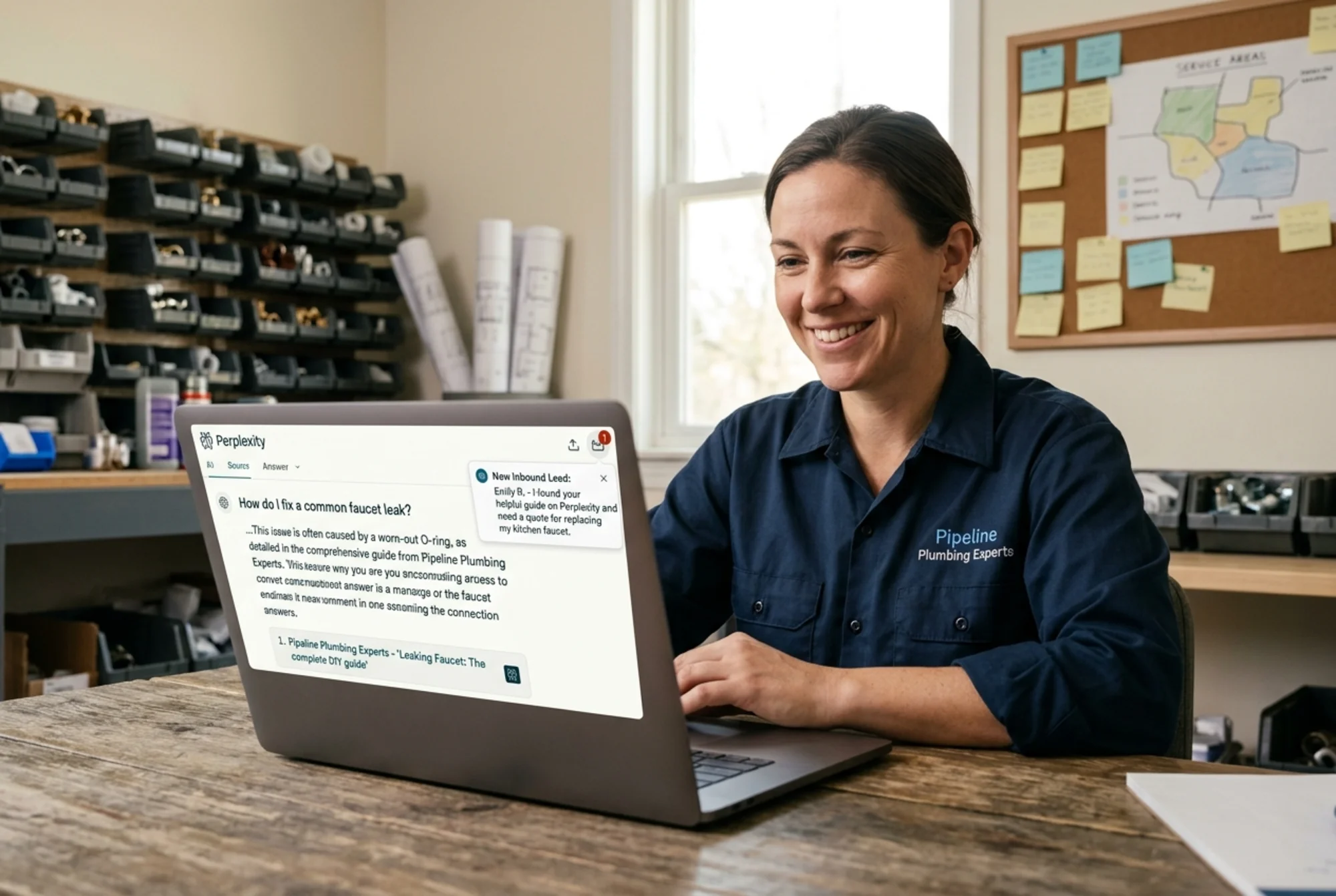 A solo founder smiling at her laptop showing a Perplexity AI answer that cites her plumbing company website as a source, with a small notification badge showing a new inbound lead from the citation