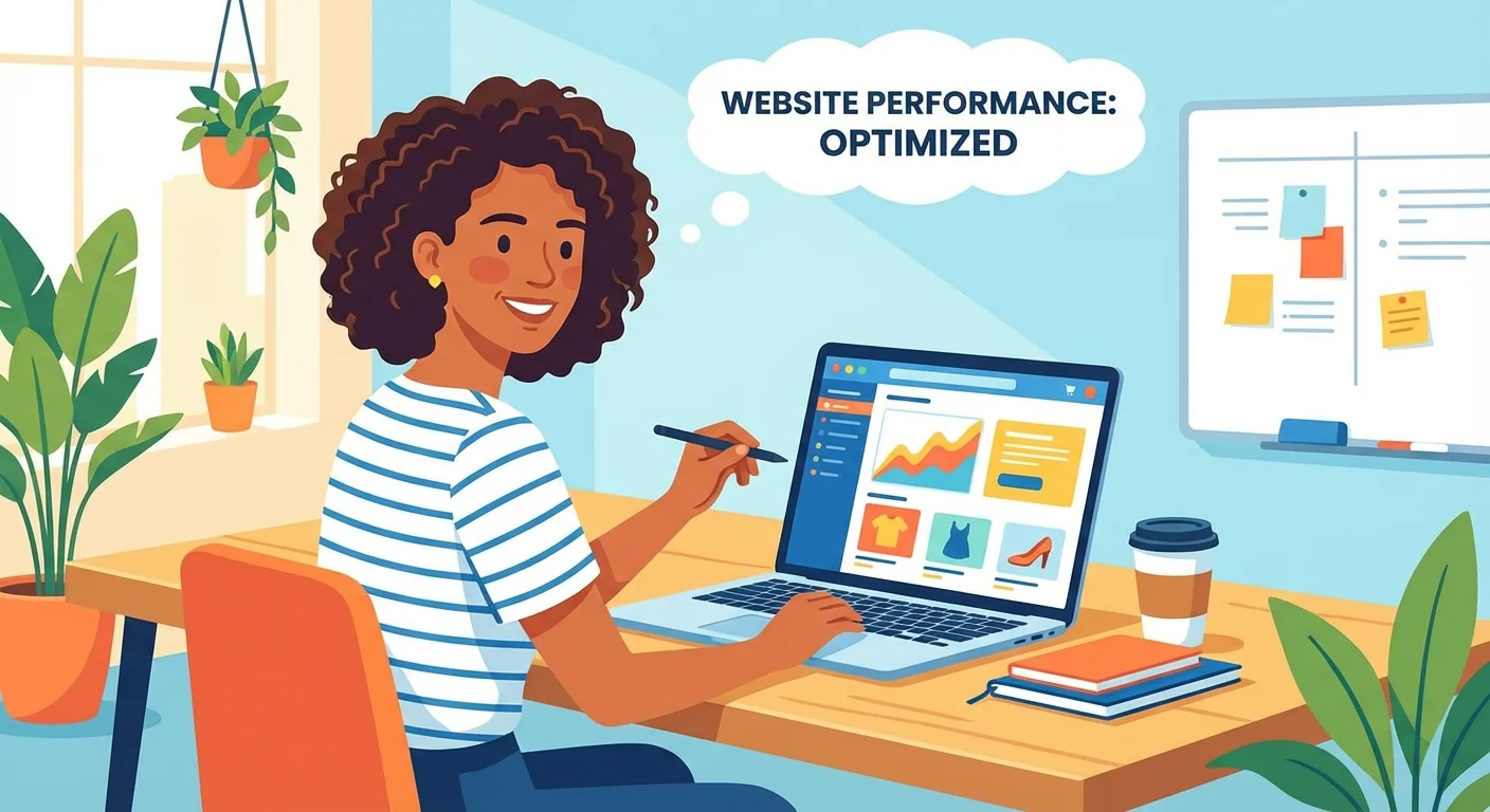 Small business owner reviewing website on laptop