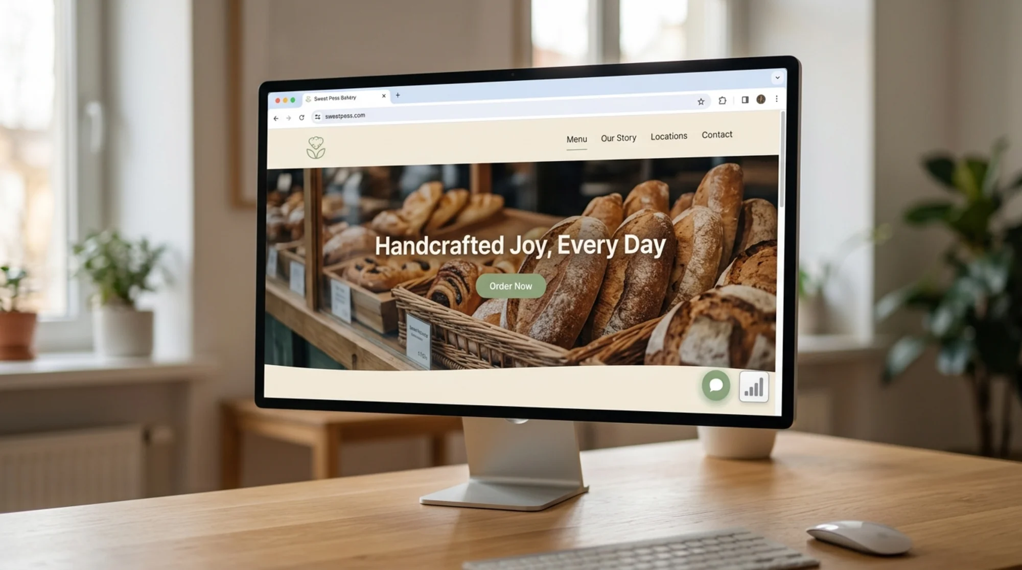 Browser viewport on a desktop monitor showing a small bakery homepage where the hero photo, headline, and primary navigation are fully rendered while small chat bubble and analytics widget icons in the corner show subtle loading shimmers, indicating deferred scripts loading quietly in the background, clean modern UI, warm natural lighting