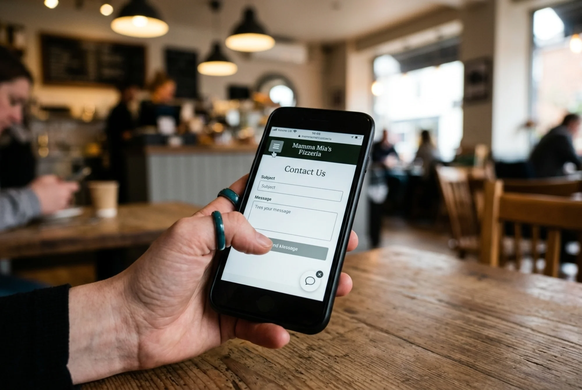 Mobile phone in a customer's hand at a cafe table showing a broken small business website: hamburger menu icon tapped but no menu sliding out, contact form with a greyed-out submit button mid-press, and an empty chat widget bubble icon that fails to expand, visible frustration on the customer's hand grip, realistic restaurant ambient lighting