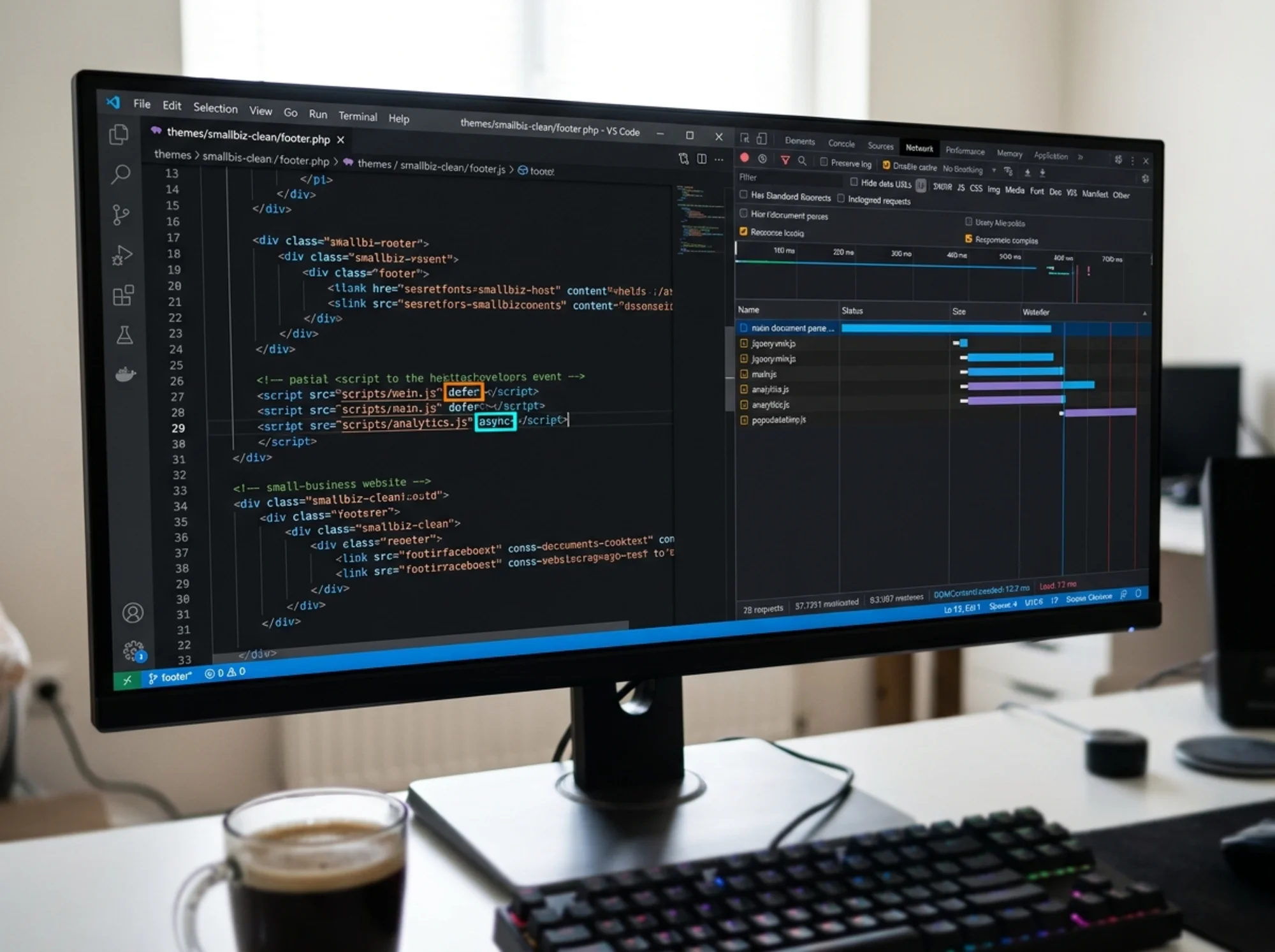 Developer code editor on a wide monitor displaying HTML script tags with the defer and async attributes highlighted in different colors, side-by-side with a Chrome DevTools Network waterfall chart showing JavaScript files loading in parallel after the main HTML document parse line, dark theme, sharp readable monospace code