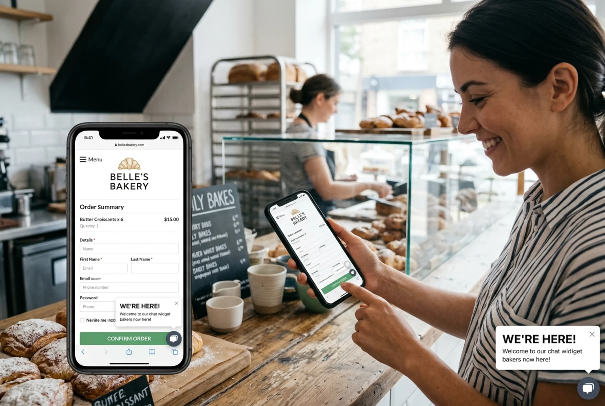 Same small business bakery website now loading smoothly on a phone held over a cafe counter, mobile menu open and crisp, an online order form filled out, a chat widget popping up cleanly, customer smiling as they tap the confirm button, bright morning storefront light through the window