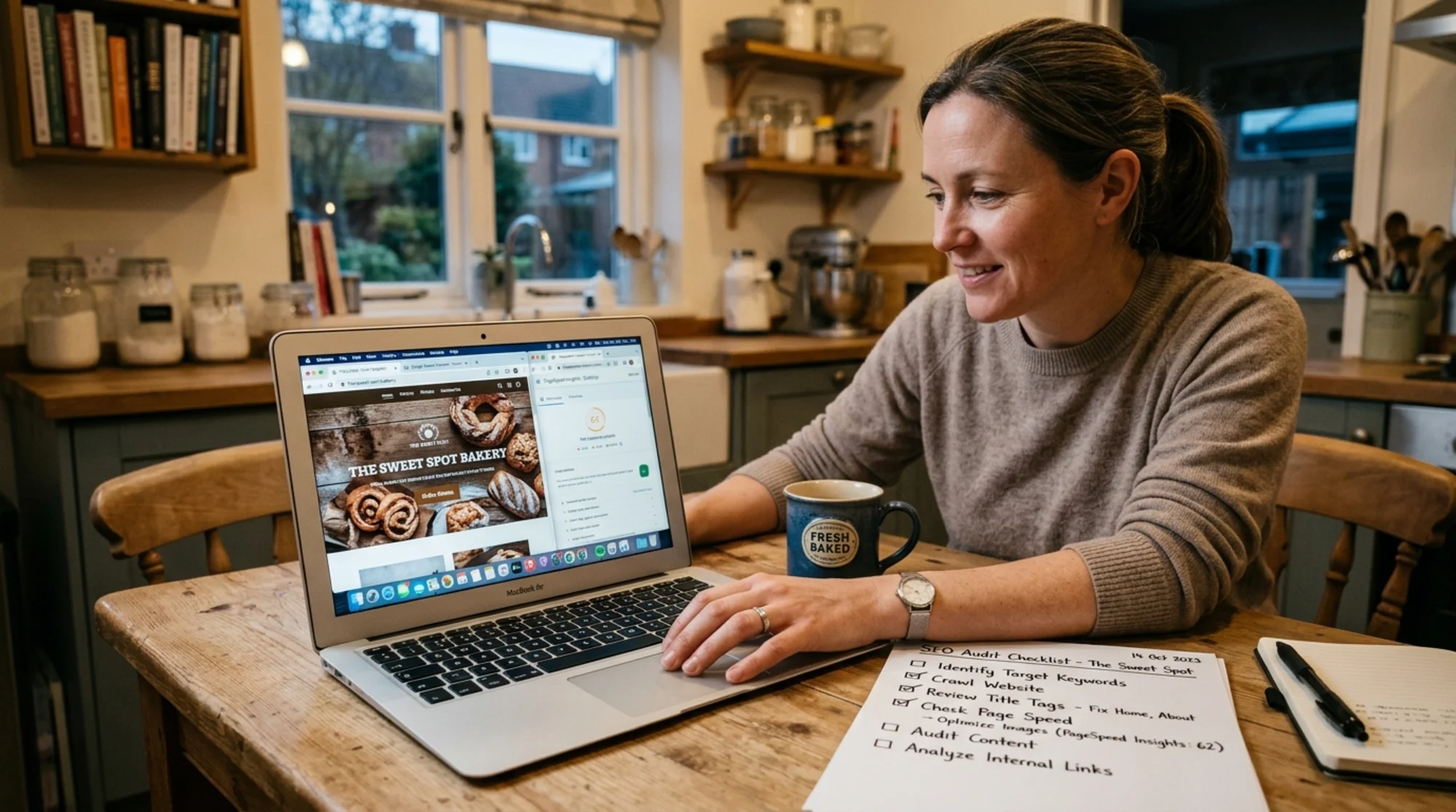Small business owner at a kitchen table with a coffee mug, scrolling through their own bakery website on a laptop with Google Search Console open in one tab and PageSpeed Insights in another, a printed checklist beside them with handwritten ticks next to "title tags" and "page speed"