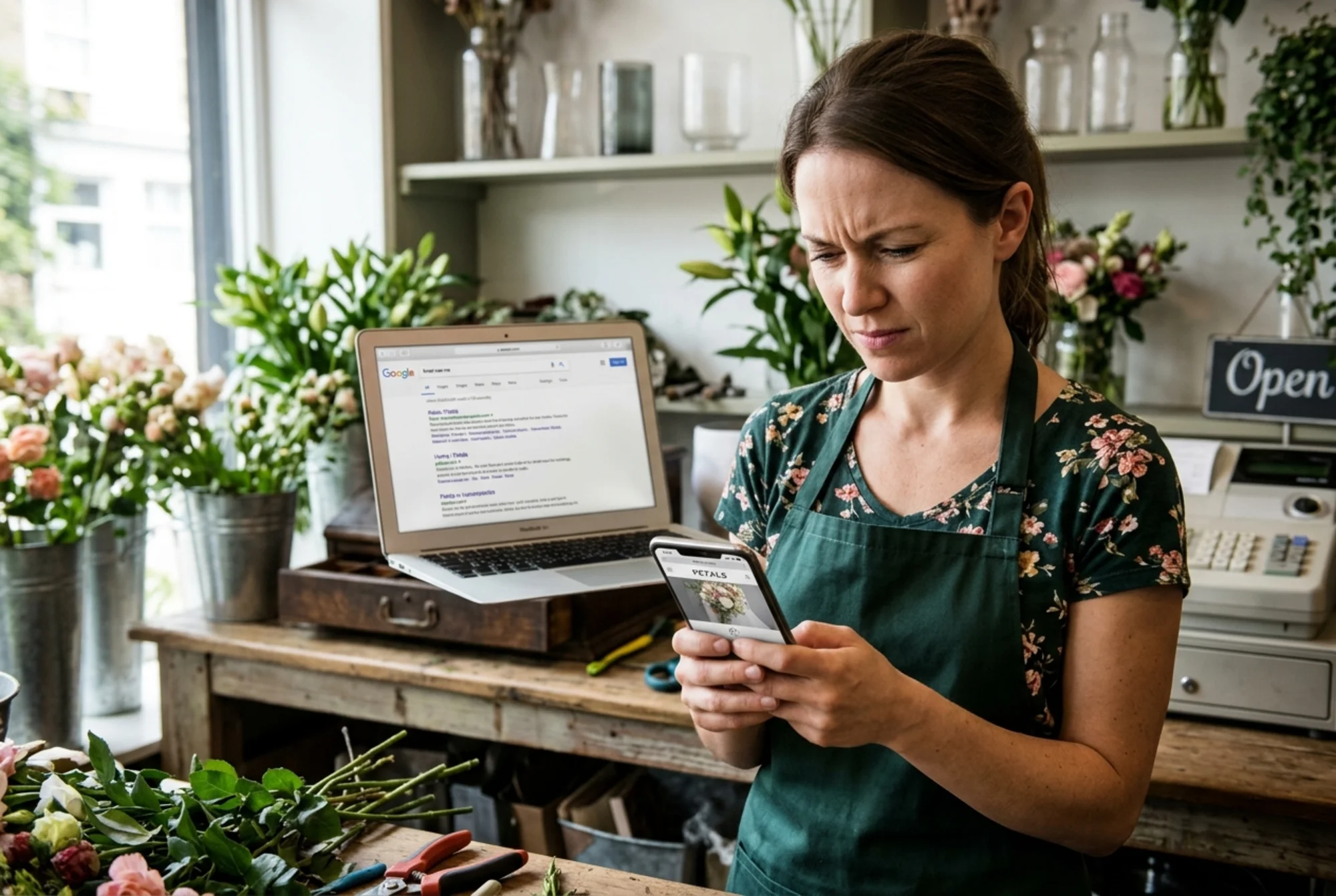 Independent florist squinting at her phone showing her shop's site loading slowly with a half-rendered hero image, and a second laptop screen visible behind her showing Google search results where her listing has a missing meta description and a generic "Home | Petals" title