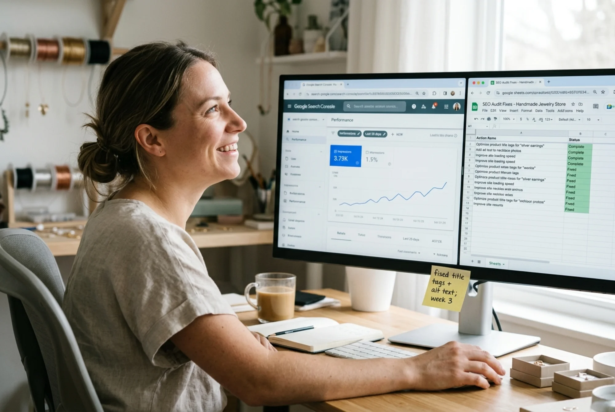Solo founder smiling at her monitor as Google Search Console's Performance report shows an upward-trending impressions graph for her handmade jewelry store, a sticky note on the bezel reading "fixed title tags + alt text — week 3" and a spreadsheet of resolved audit issues visible in a second window