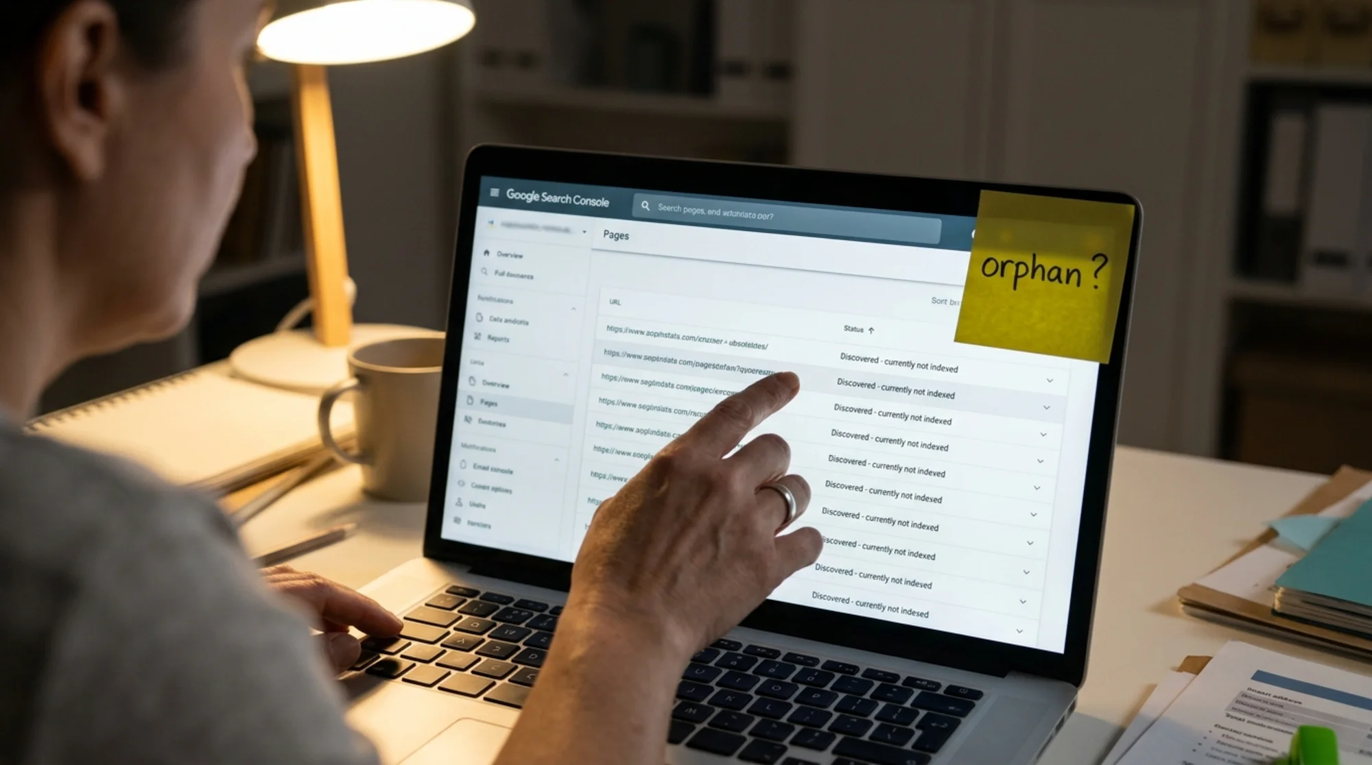 Laptop screen showing Google Search Console's Pages report with several URLs marked "Discovered - currently not indexed," a sticky note reading "orphan?" stuck to the bezel, a small business owner's hand pointing at one row, warm desk lamp lighting