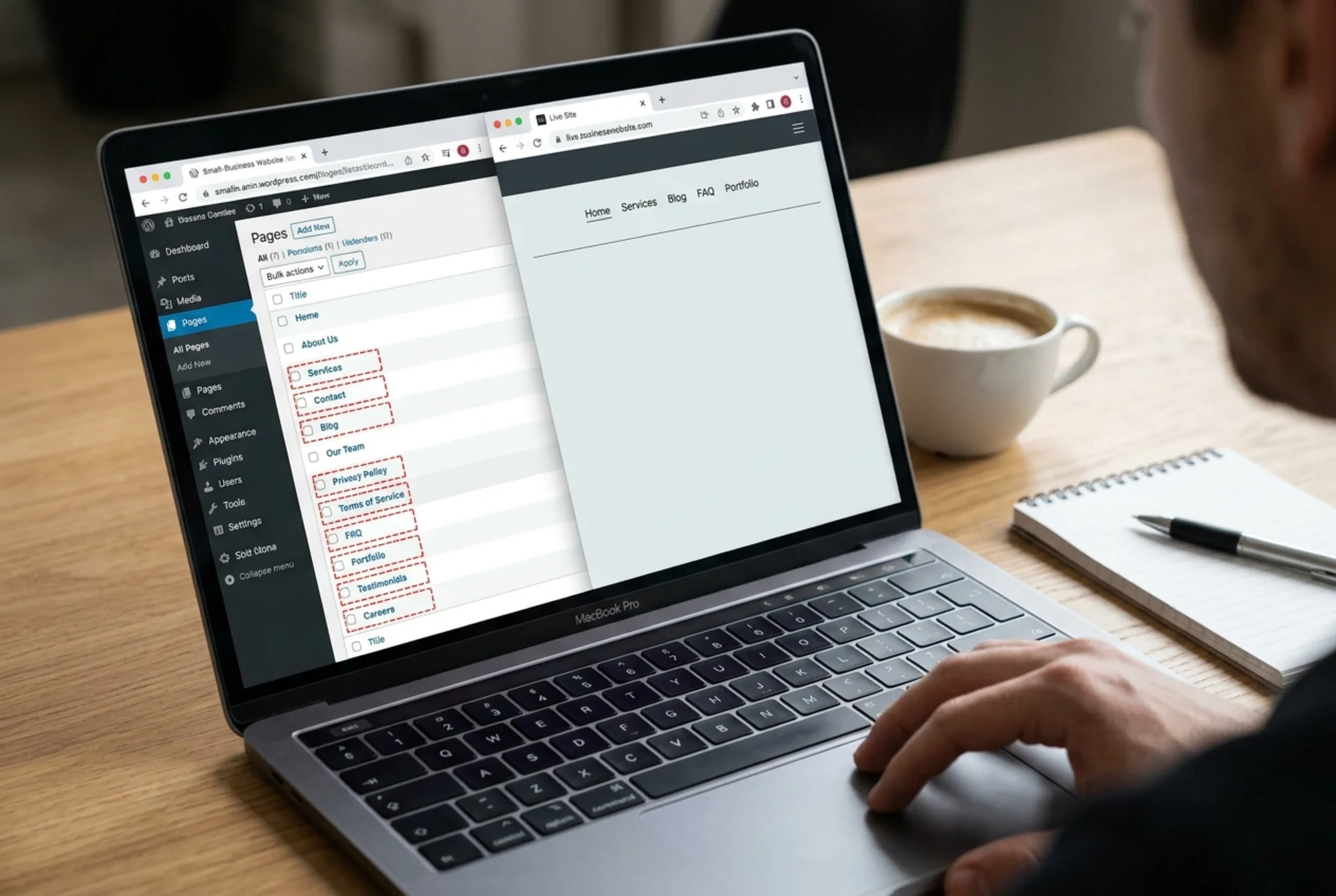 A WordPress admin sidebar on a laptop showing the Pages list with 12 page titles, beside a second browser tab displaying the live site's main navigation menu containing only 5 of those titles, the 7 missing pages outlined with red dashed boxes