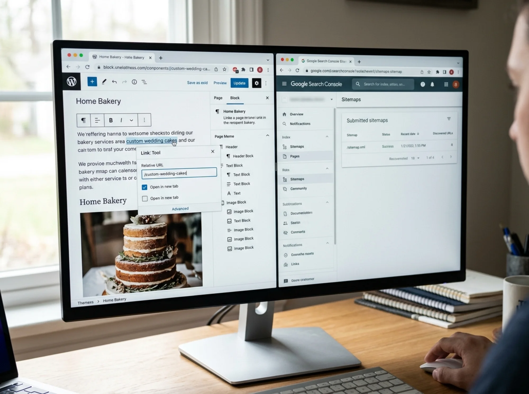 Split-screen view: left side shows the WordPress block editor with the anchor text "custom wedding cakes" being linked to a /custom-wedding-cakes URL, right side shows Google Search Console's Sitemaps screen with sitemap.xml just submitted and status "Success"
