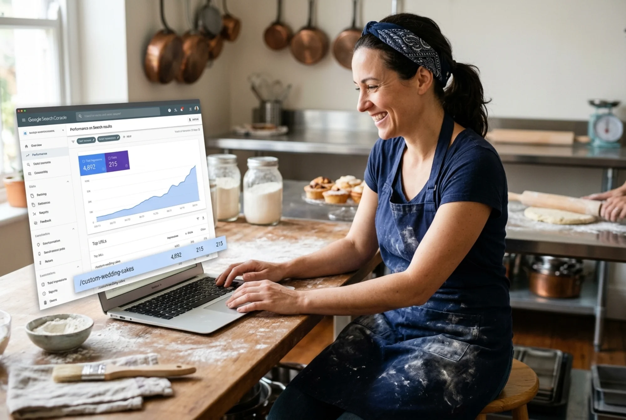 A bakery owner smiling at her laptop showing Google Search Console's Performance graph with a rising 28-day impressions curve, the URL /custom-wedding-cakes highlighted in the results table below, flour-dusted apron, sunlit kitchen counter