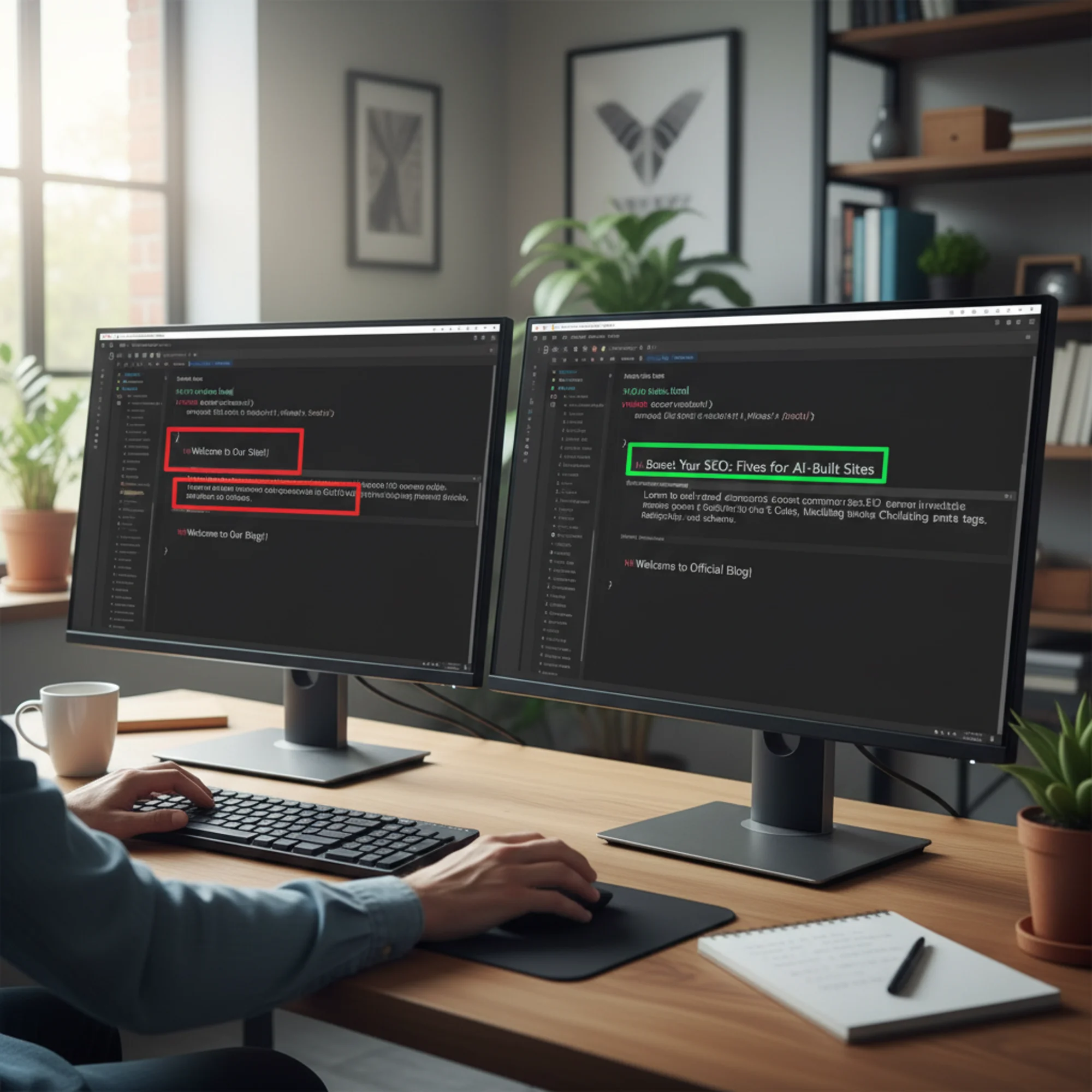 A split-screen comparison of AI-generated HTML source code on the left with missing meta tags and duplicate h1 tags highlighted in red, and a corrected version on the right with proper title tag, meta description, and single h1 highlighted in green