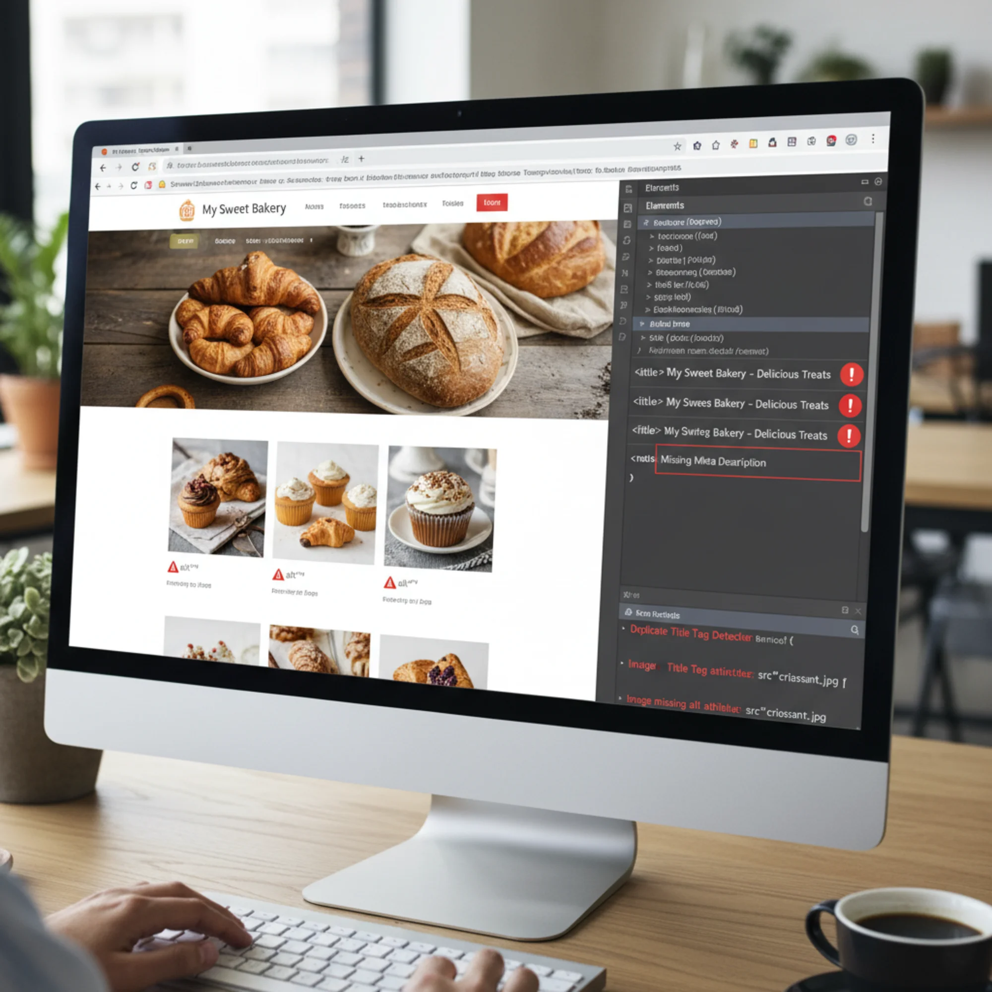 A browser developer tools view of an AI-built small business bakery website showing red warning badges on a duplicate title tag, empty alt attributes on product images, and an absent meta description in the head section