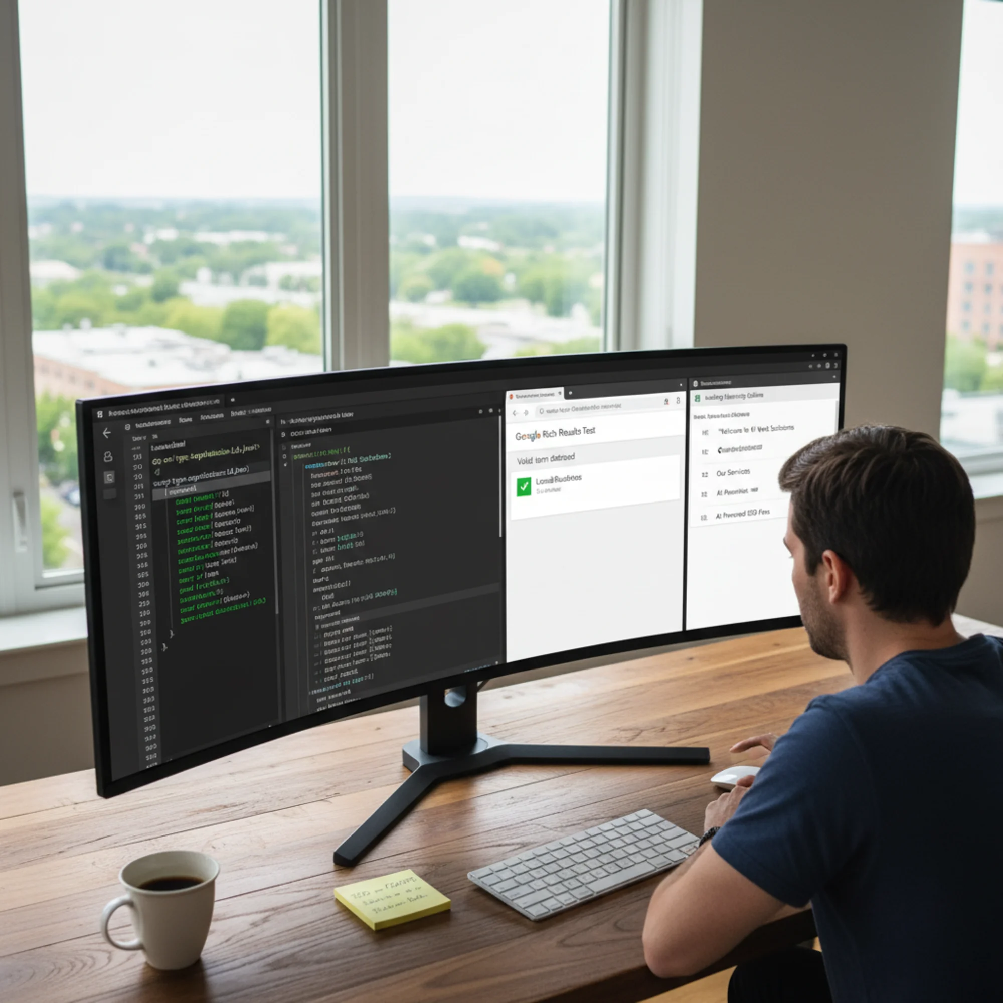 A code editor showing structured data JSON-LD being added to an AI-generated HTML page, with a browser tab open to Google Rich Results Test validating the LocalBusiness schema alongside a heading hierarchy outline panel