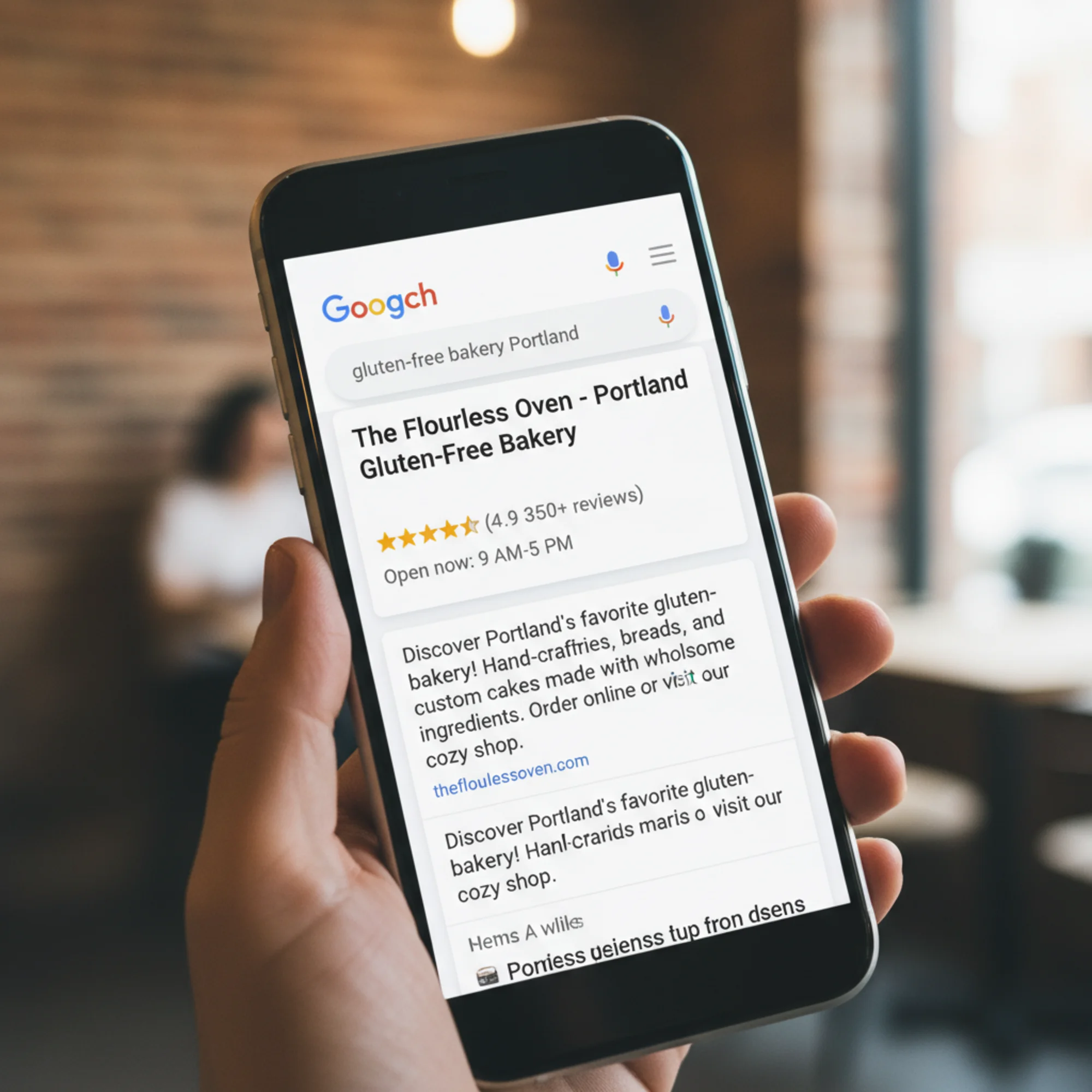 A Google Search results page for the query "gluten-free bakery Portland" showing an AI-built bakery website listing with a rich snippet displaying star ratings, business hours, and a well-written meta description
