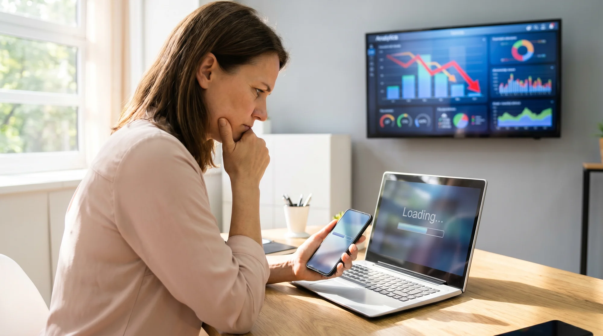Small business owner checking a slow website on a phone and laptop