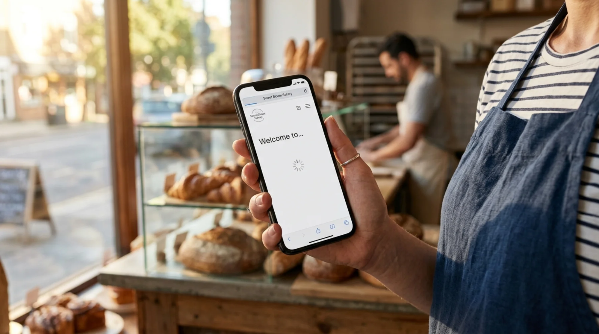 Close-up of a small business owner's hand holding a phone showing a half-loaded bakery website with a blank white screen and a spinning loader, warm morning light through a shop window in the background