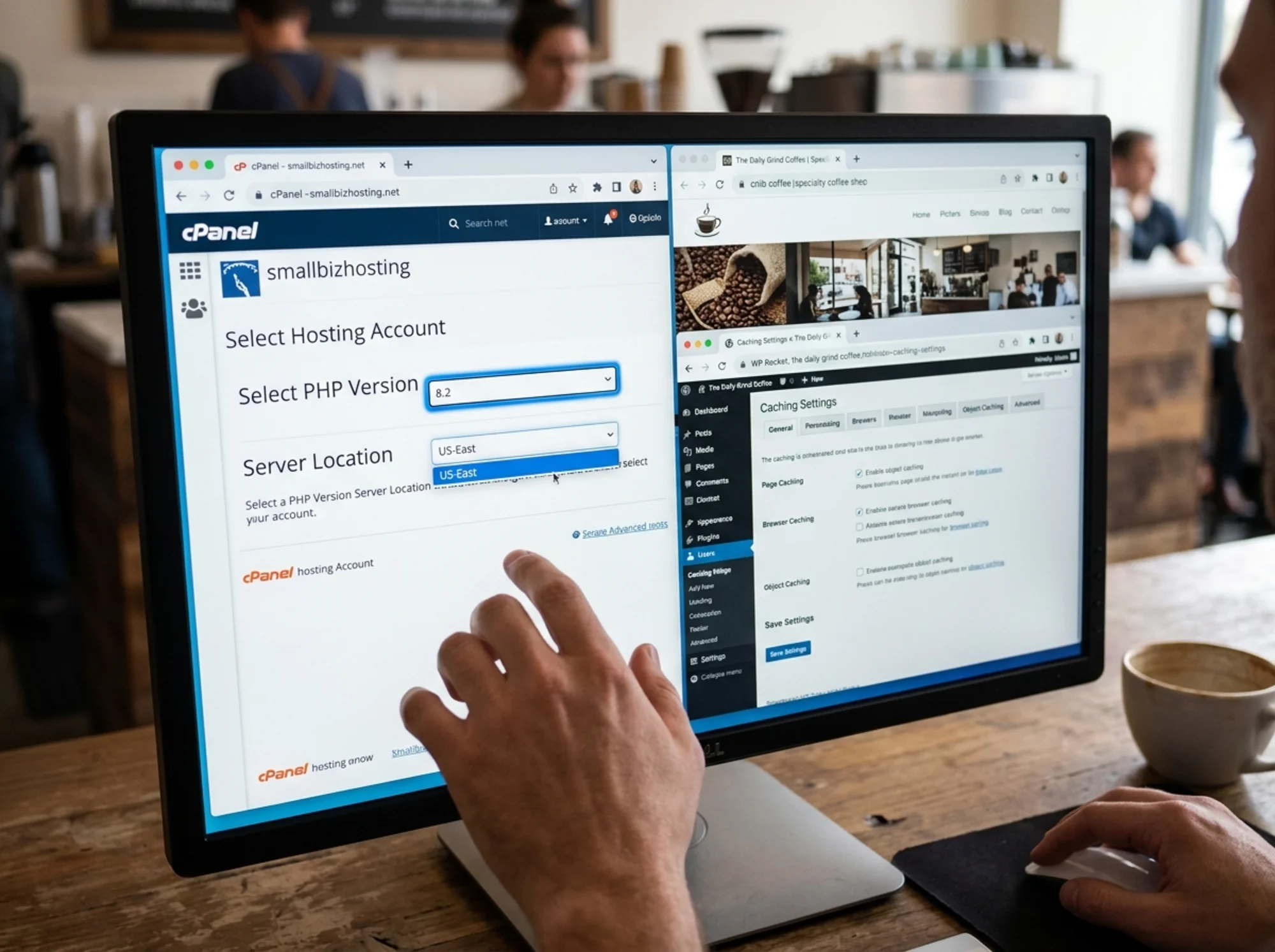 A hosting cPanel screen showing PHP version selector set to 8.2, a server region dropdown set to "US-East," and a WordPress caching plugin settings page tiled beside a coffee shop site tab