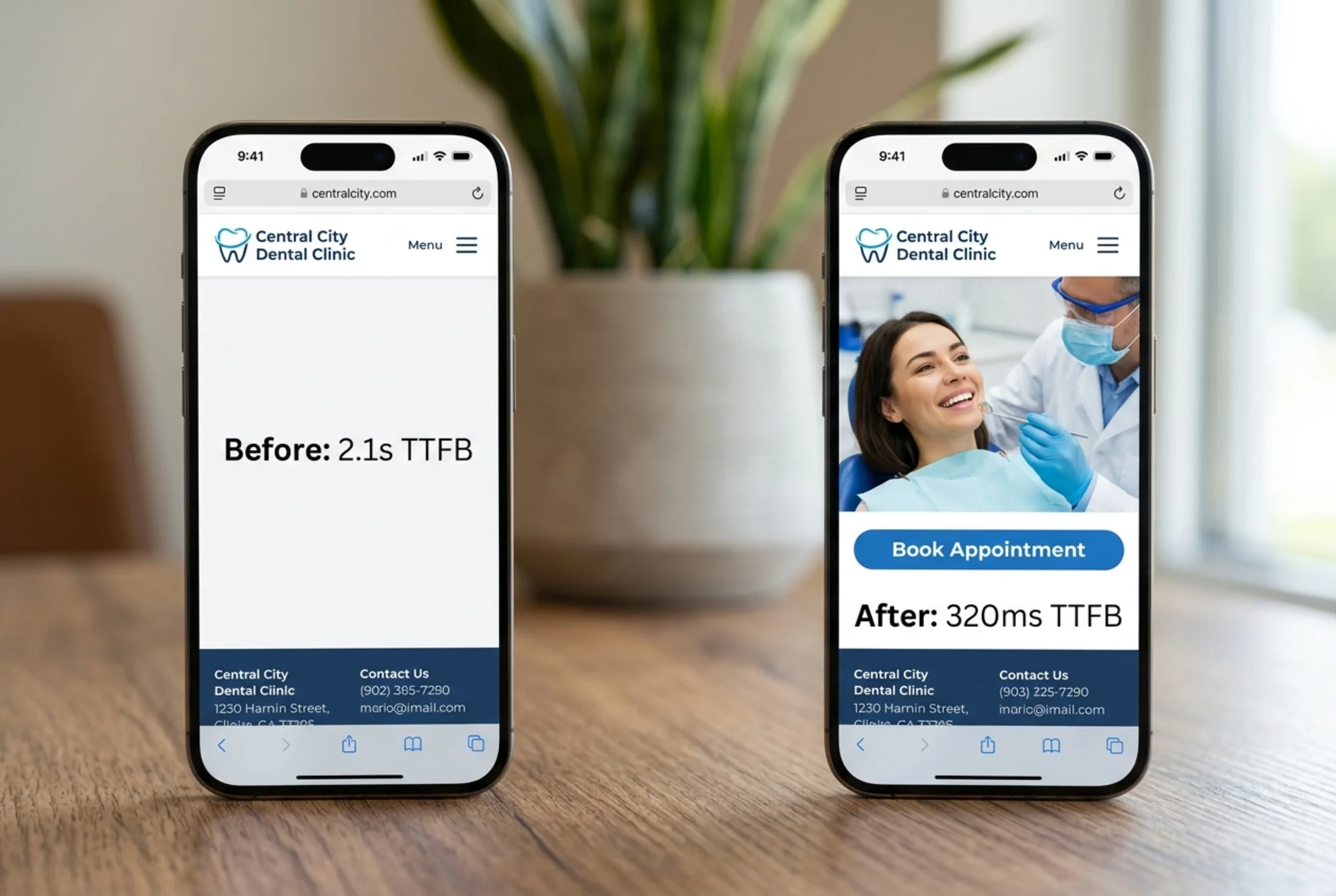 A side-by-side phone mockup showing the same dental clinic homepage: left phone with a blank screen labeled "Before: 2.1s TTFB," right phone with a fully rendered hero image and "Book Appointment" button labeled "After: 320ms TTFB"