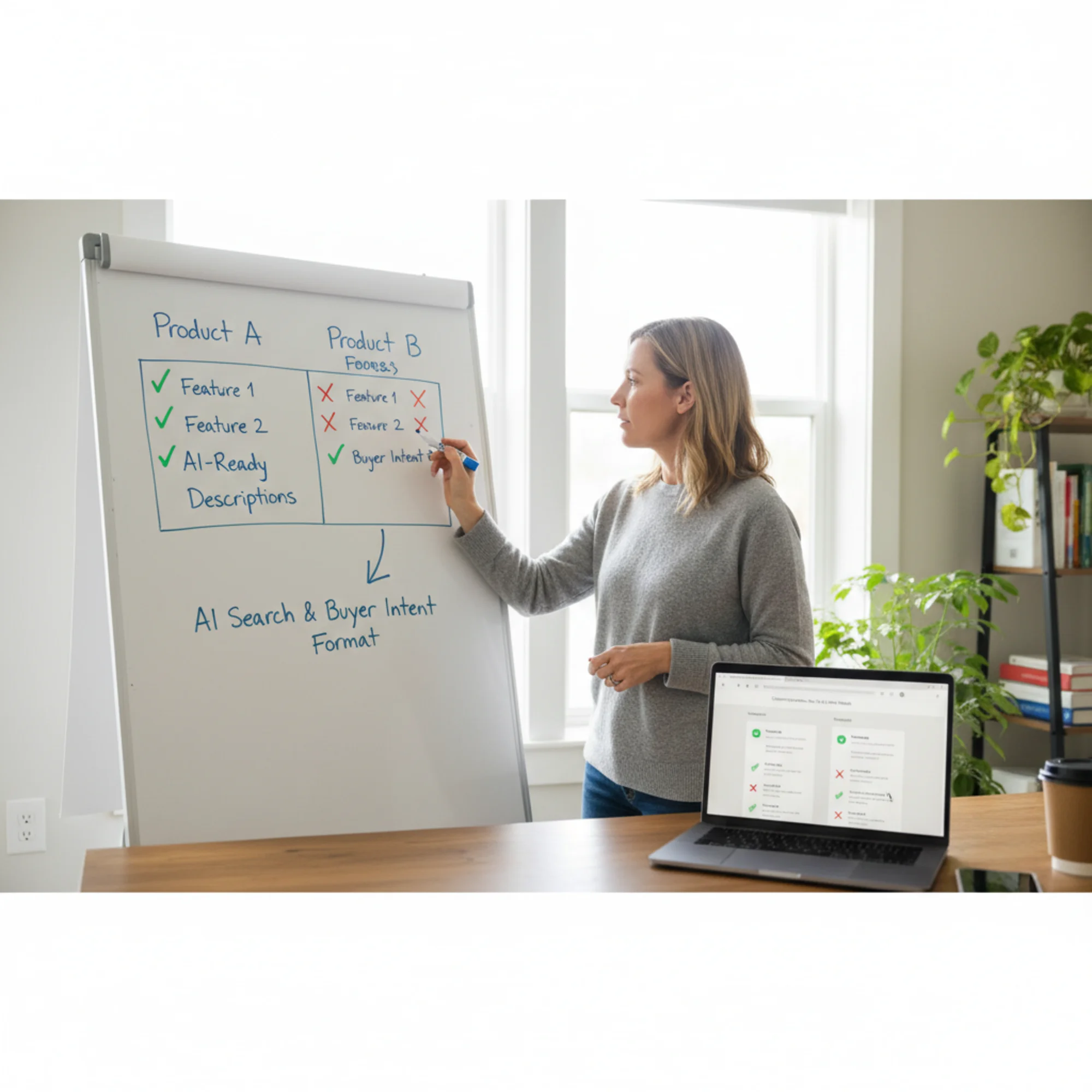 A small business owner sketching a side-by-side comparison table on a whiteboard with two product names and checkmarks in different columns, a laptop open nearby showing a website editor with a comparison page draft