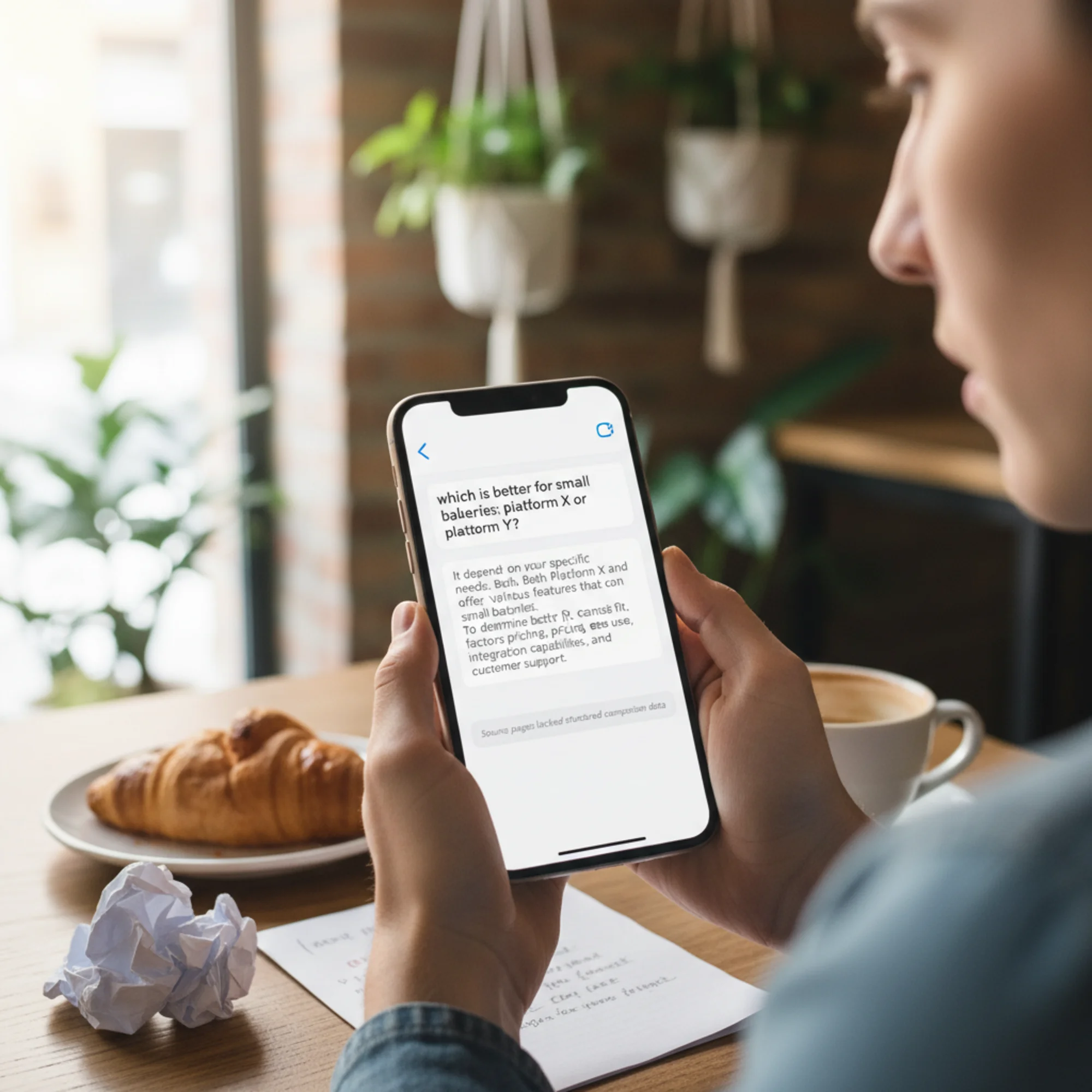 A phone screen showing an AI assistant responding to "which is better for small bakeries" with a vague non-answer that says "it depends on your needs" because the source pages lacked structured comparison tables
