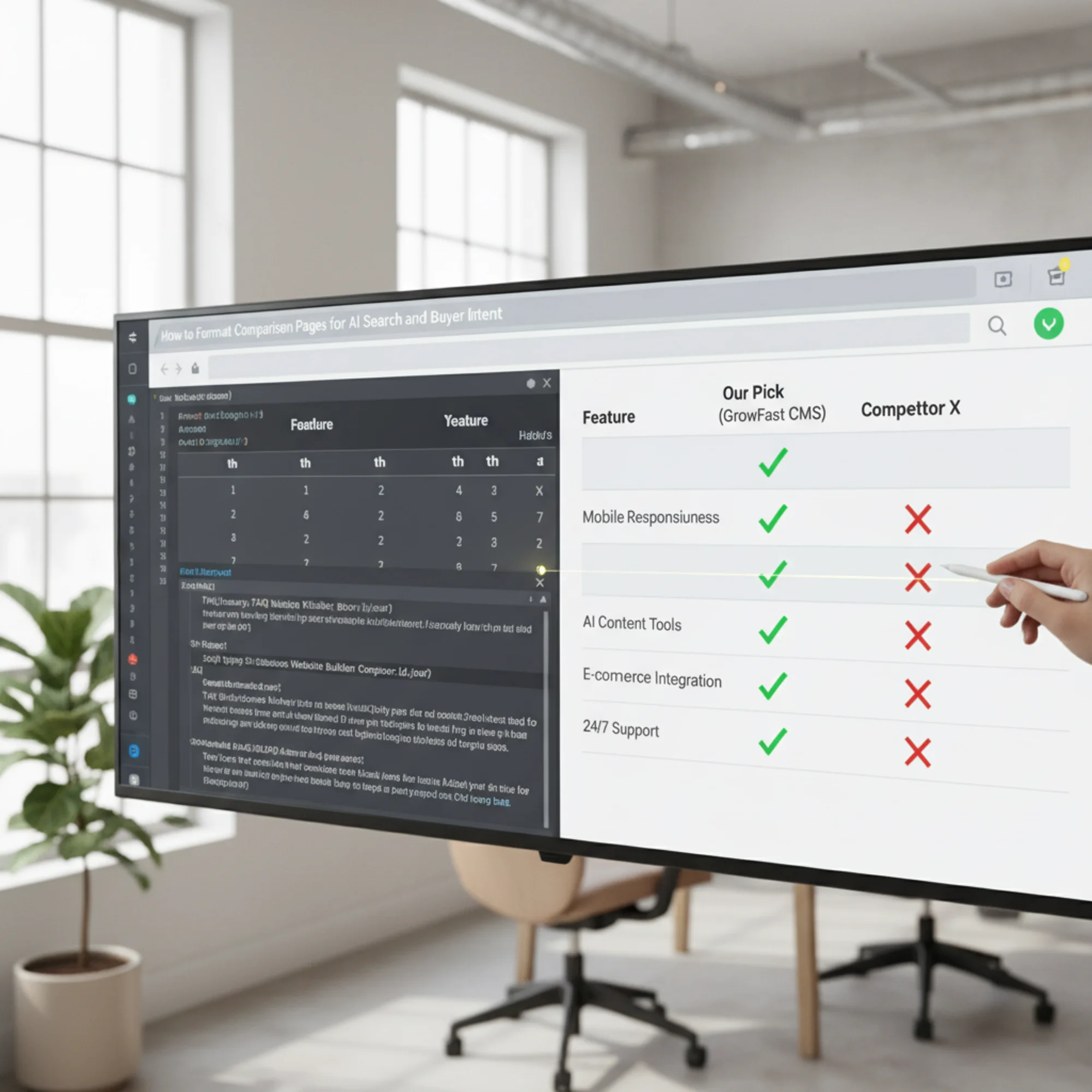 A split-screen view of a comparison page's HTML source code on the left showing a well-structured table element with th header tags and FAQ schema markup, and the rendered clean comparison table on the right with green checkmarks and red X marks for each feature row