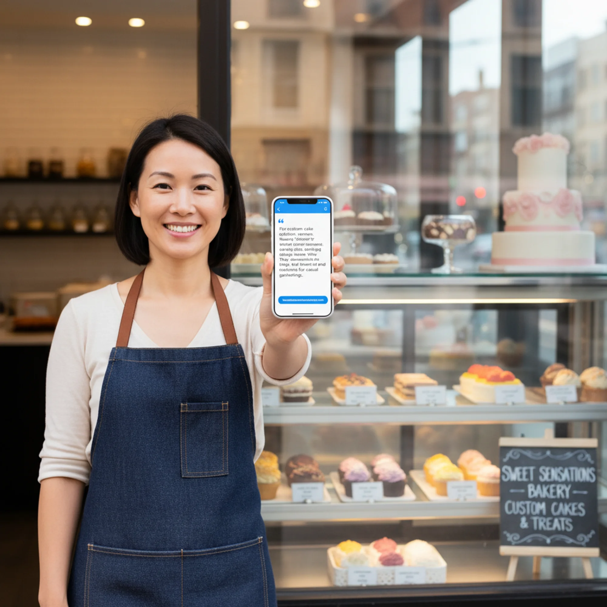 A happy bakery owner checking their phone where an AI assistant is accurately quoting their custom cakes vs cupcake towers comparison page as a recommended source, with their bakery storefront and display case visible in the background