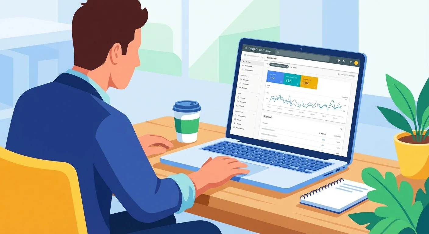 Business owner checking Google Search Console on laptop