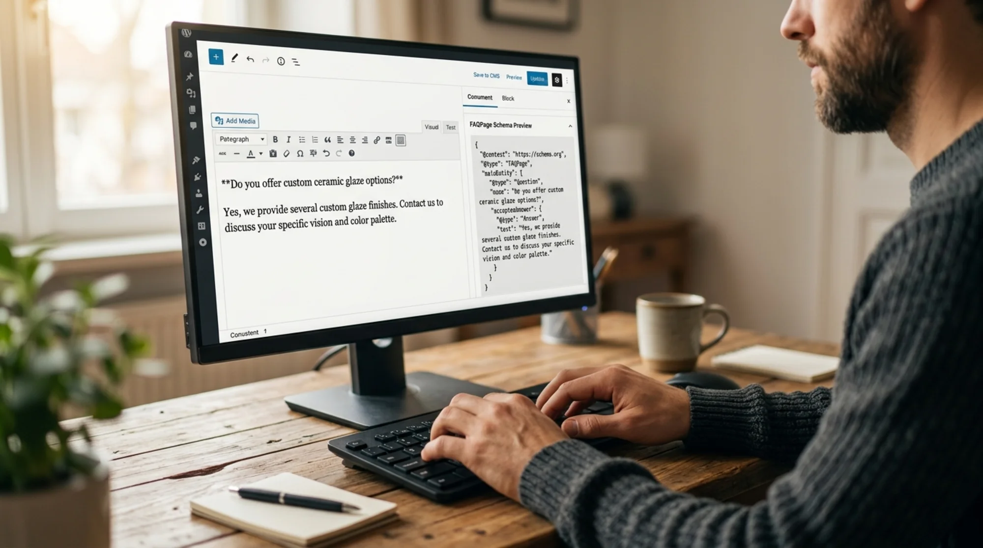 Close-up of a small business owner's hands typing a clear FAQ question into a website CMS editor, the visible draft showing a single bolded customer-phrased question followed by a two-sentence direct answer, FAQPage schema preview panel beside it, warm natural lighting
