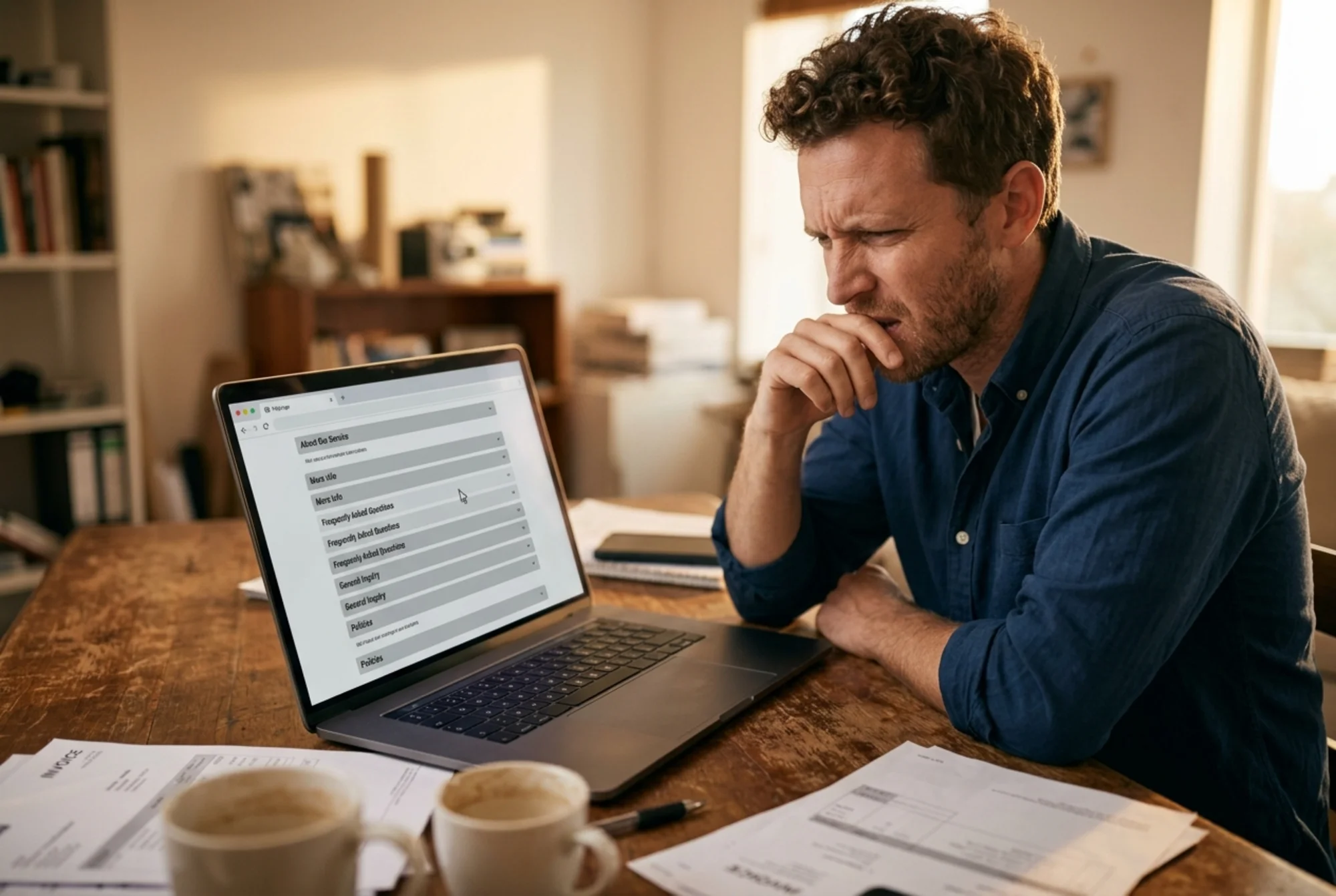 Cluttered FAQ page on a laptop screen showing long collapsed accordion sections with vague company-voice headings like "About Our Service" and "More info", a small business owner squinting in frustration, late afternoon office light, paperwork scattered nearby