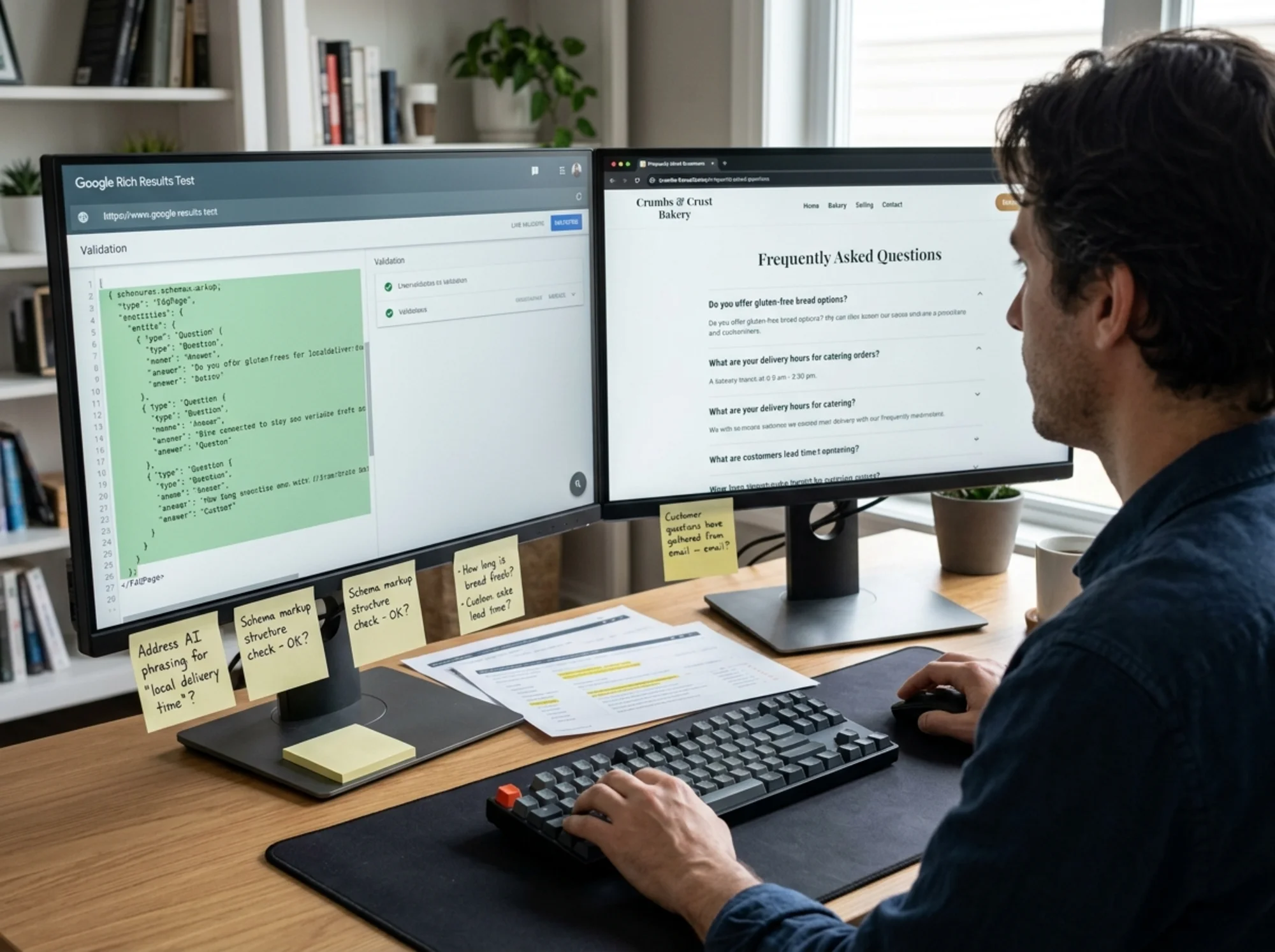 Over-the-shoulder view of a marketer on a dual-monitor setup, Google Rich Results Test open with detected FAQPage JSON-LD highlighted on one screen, the rendered question-answer pairs of a bakery FAQ on the other, sticky notes with customer questions on the desk