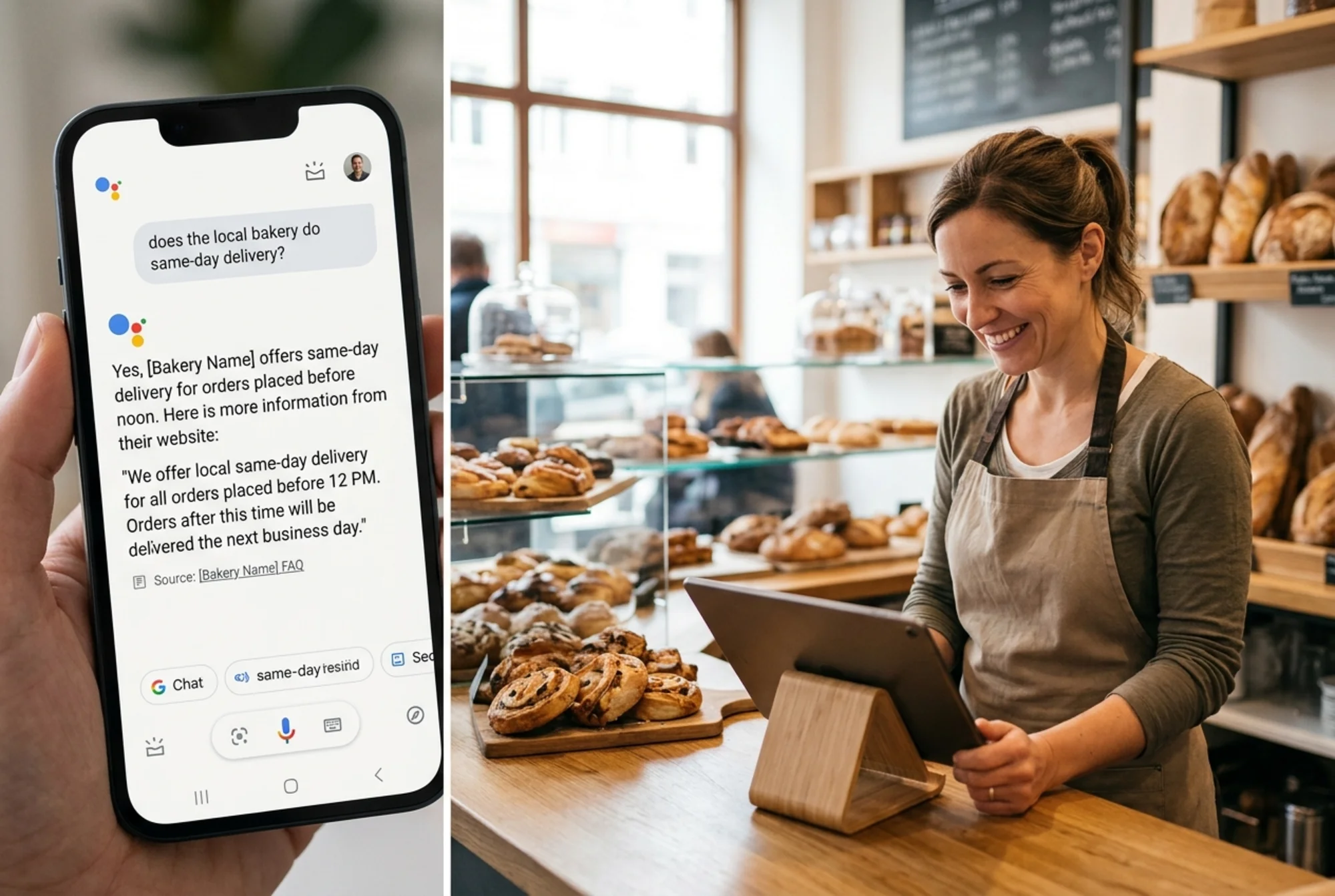 Split screen showing an AI search assistant on a phone displaying a cited answer pulled directly from a small bakery's FAQ about same-day delivery, with the bakery owner smiling while reading the result on her counter tablet, fresh pastries in soft focus background