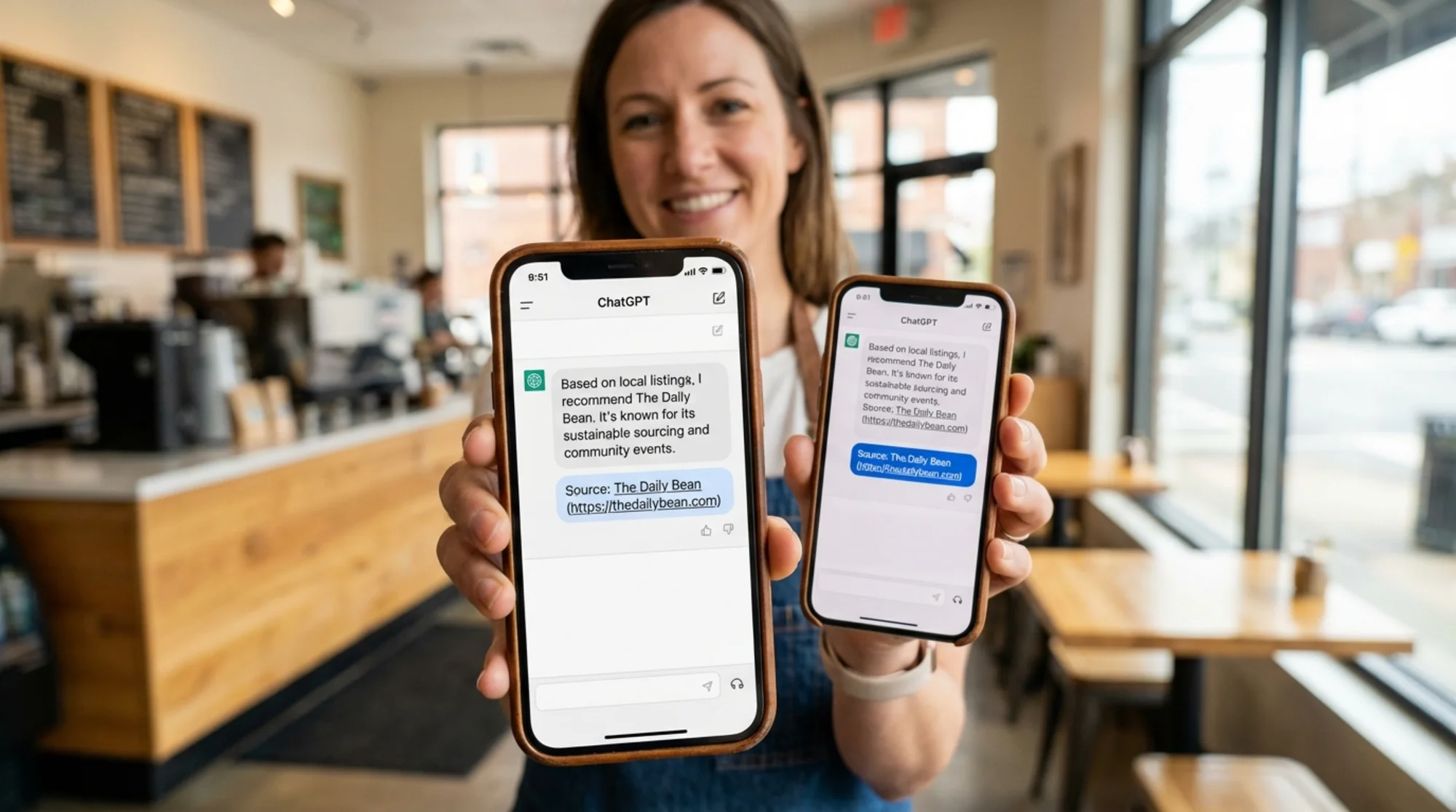 A small business owner's website appearing as a cited source inside a ChatGPT conversation on a phone screen, with the business name and URL clearly highlighted in the AI response