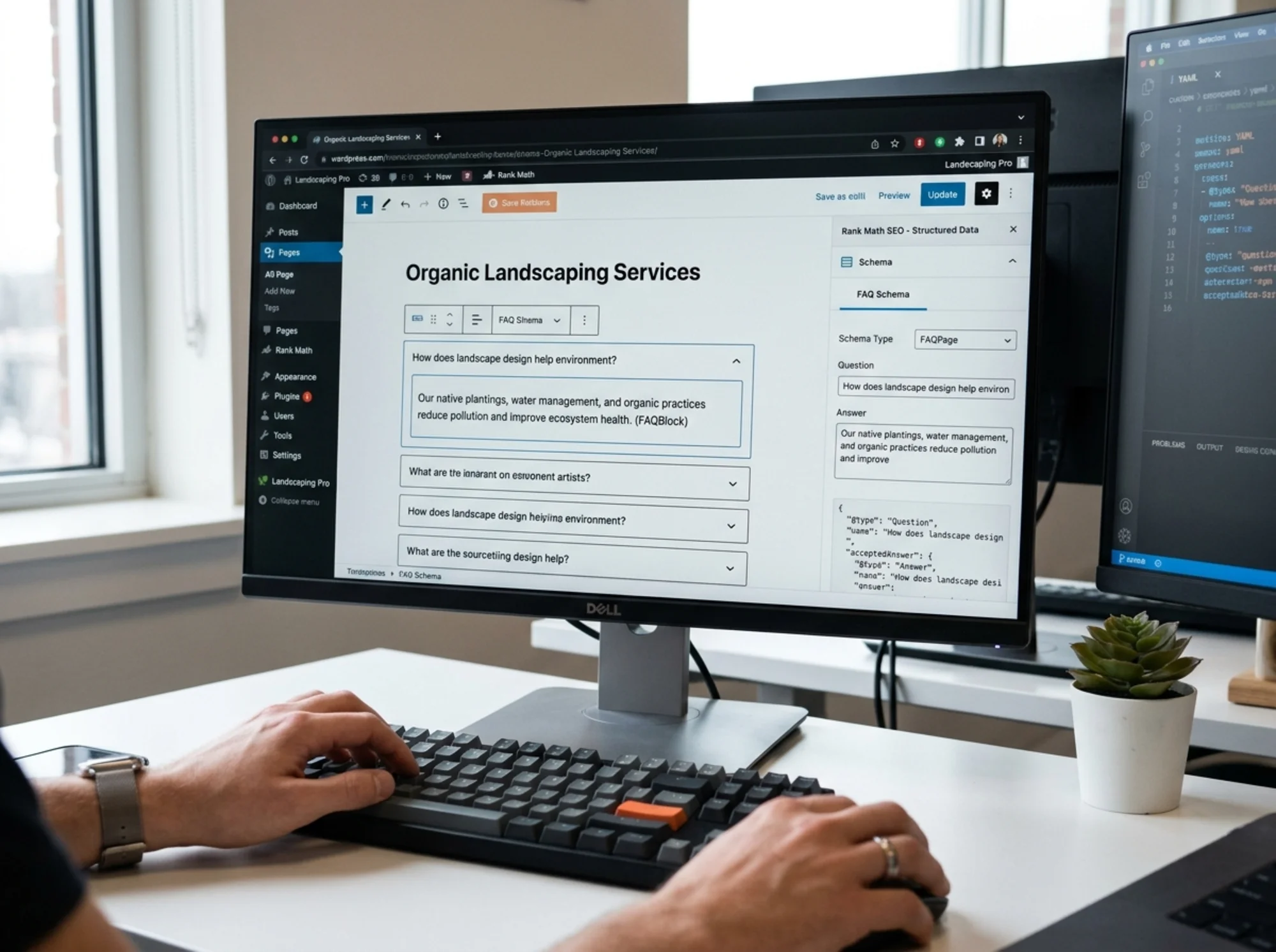 A close-up of a WordPress editor showing someone adding FAQ schema markup to a landscaping services page, with visible question-and-answer blocks and structured data tags in the sidebar