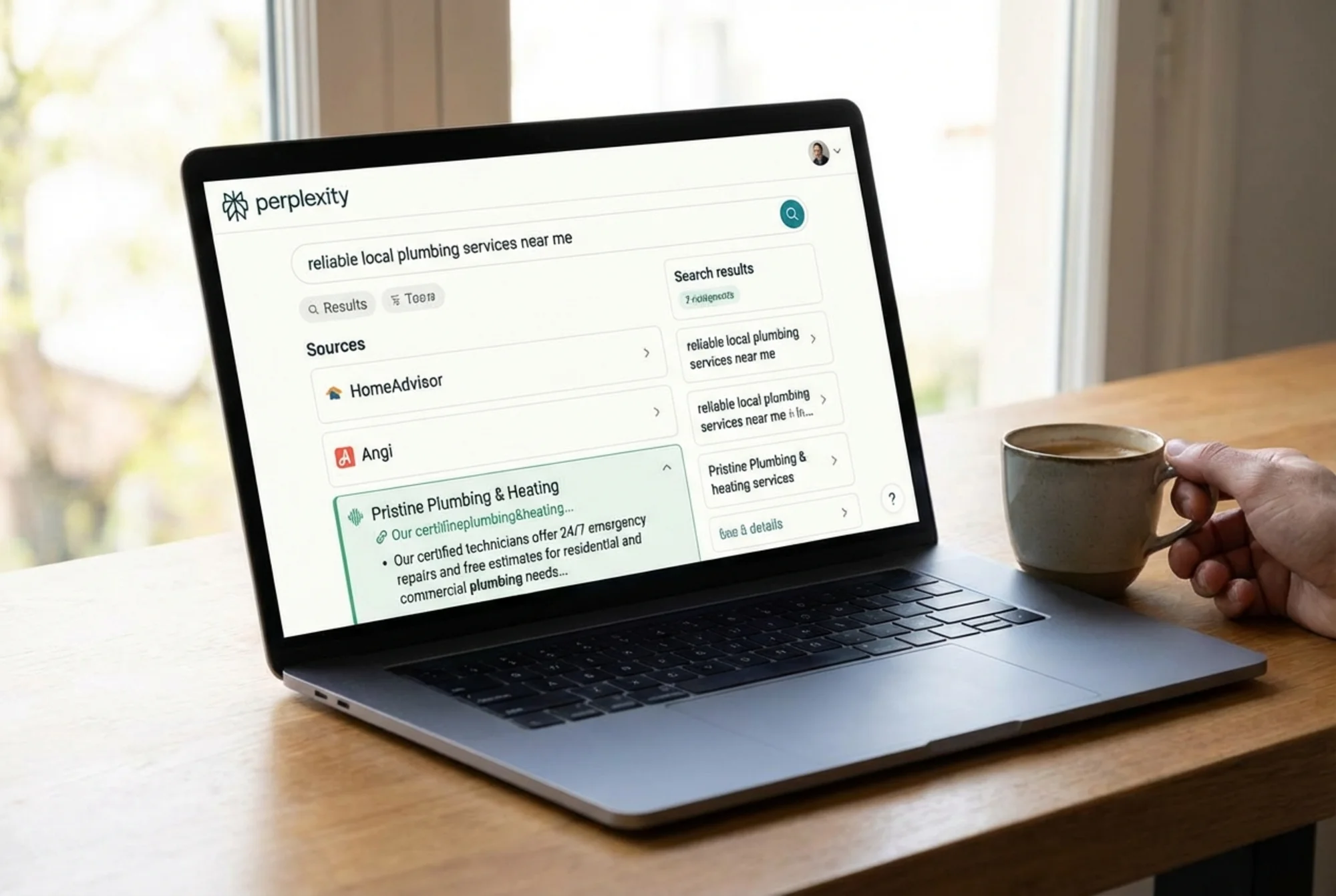 A Perplexity search results page citing a small business plumbing website as a source alongside major brands, with the citation link and snippet clearly visible