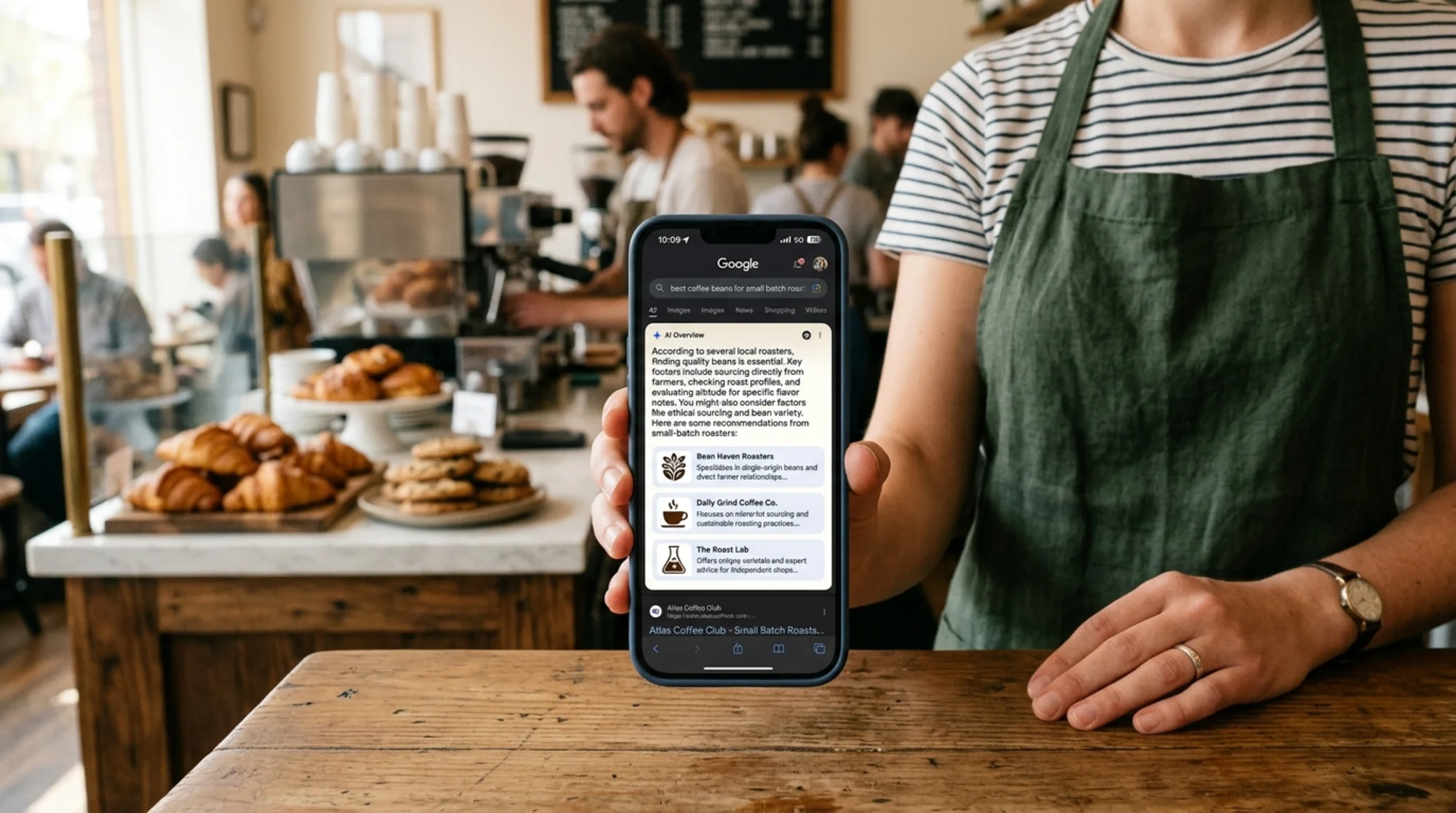 A close-up smartphone screen showing a Google search results page with an AI Overview box at the top, citing three small-business website cards with logos and short snippets, held in a coffee shop owner's hand with a blurred bakery counter in the background