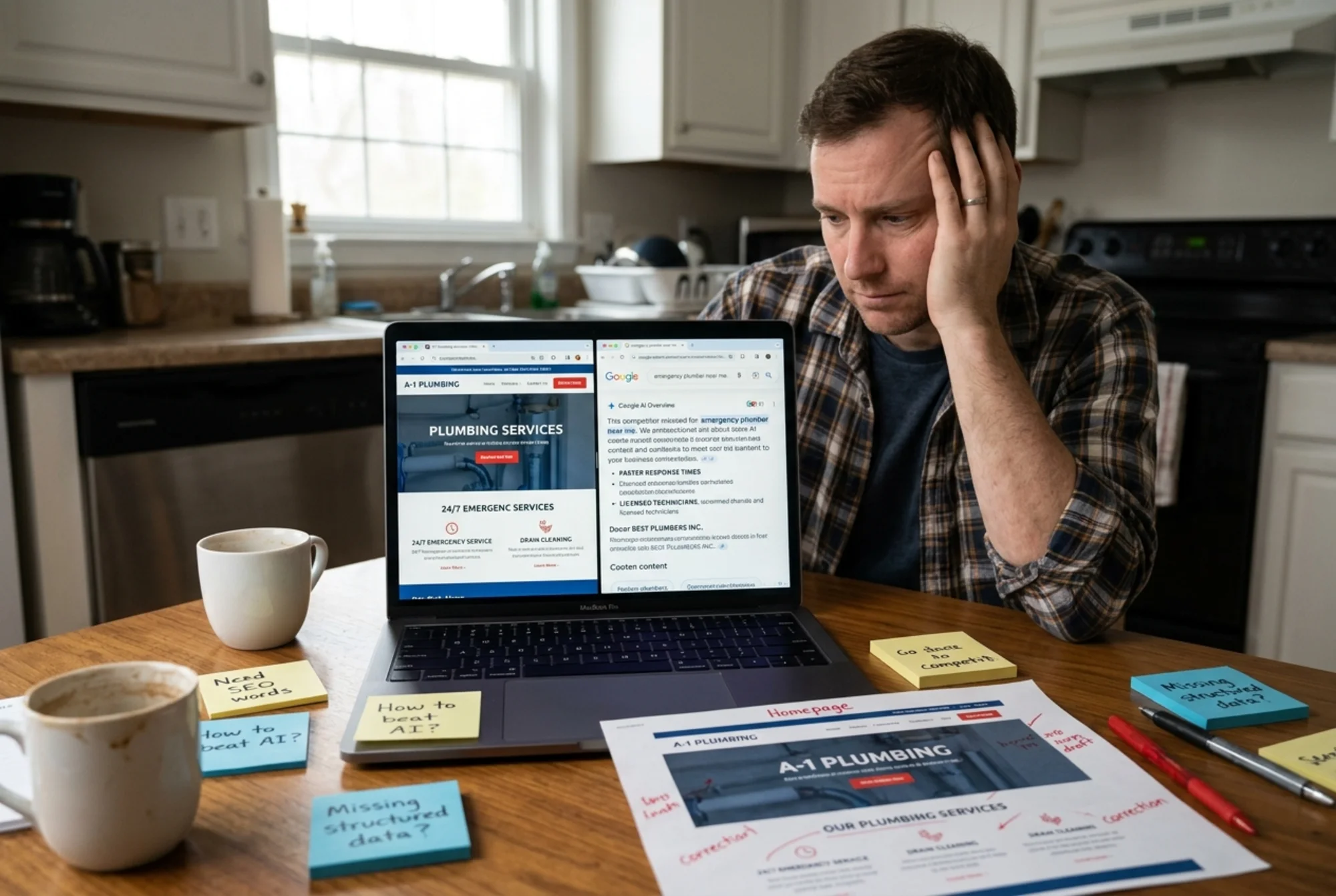 A frustrated small business owner sitting at a kitchen table looking at a laptop showing their plumbing services webpage next to a Google AI Overview that quotes a competitor instead, with sticky notes and a printed homepage draft scattered around