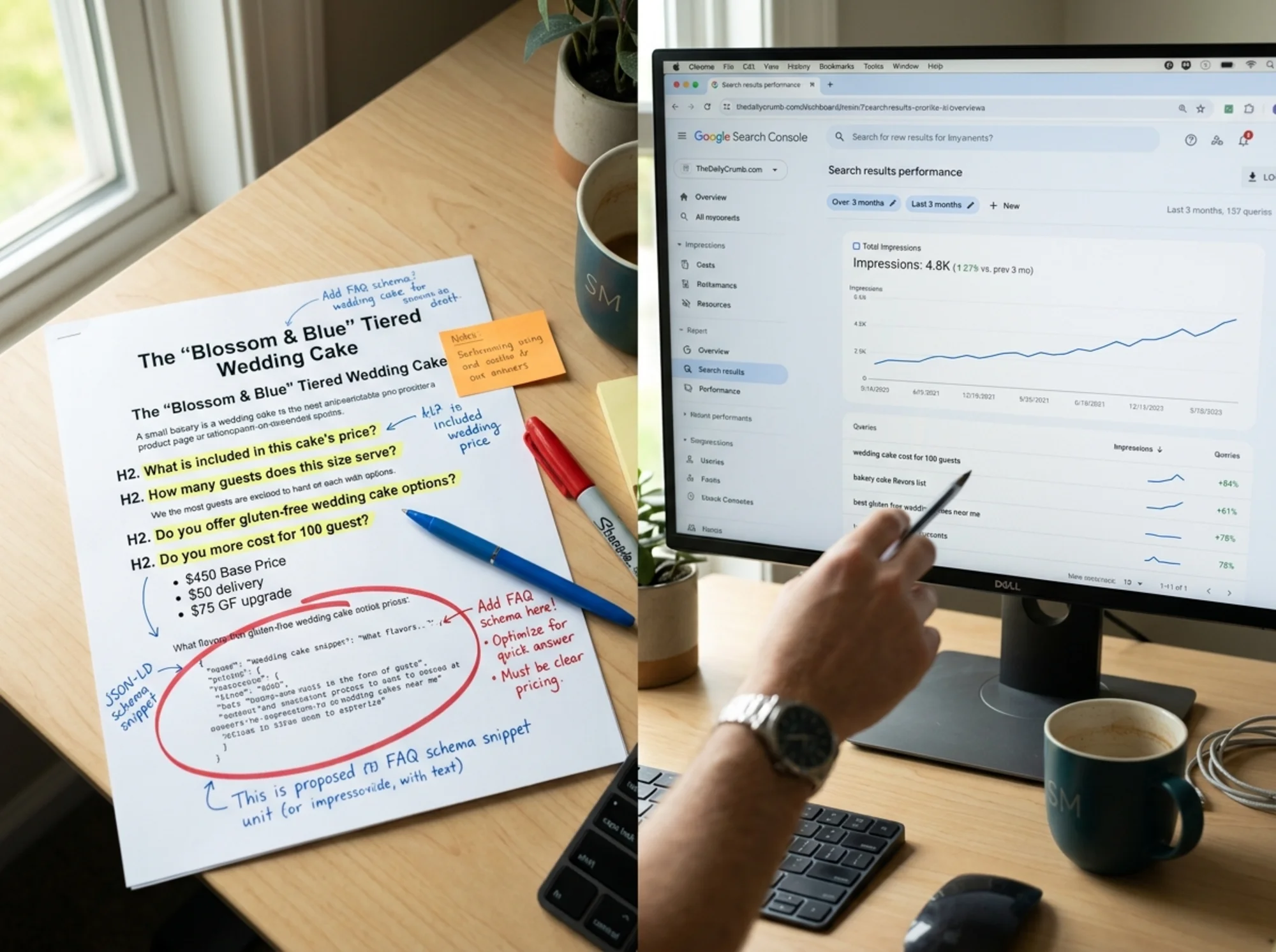 A split-screen workspace view: on the left, a marked-up bakery wedding-cake page draft with highlighted question H2s, bullet pricing, and a circled FAQ schema snippet; on the right, a browser tab open to Google Search Console showing rising impressions for question-based queries
