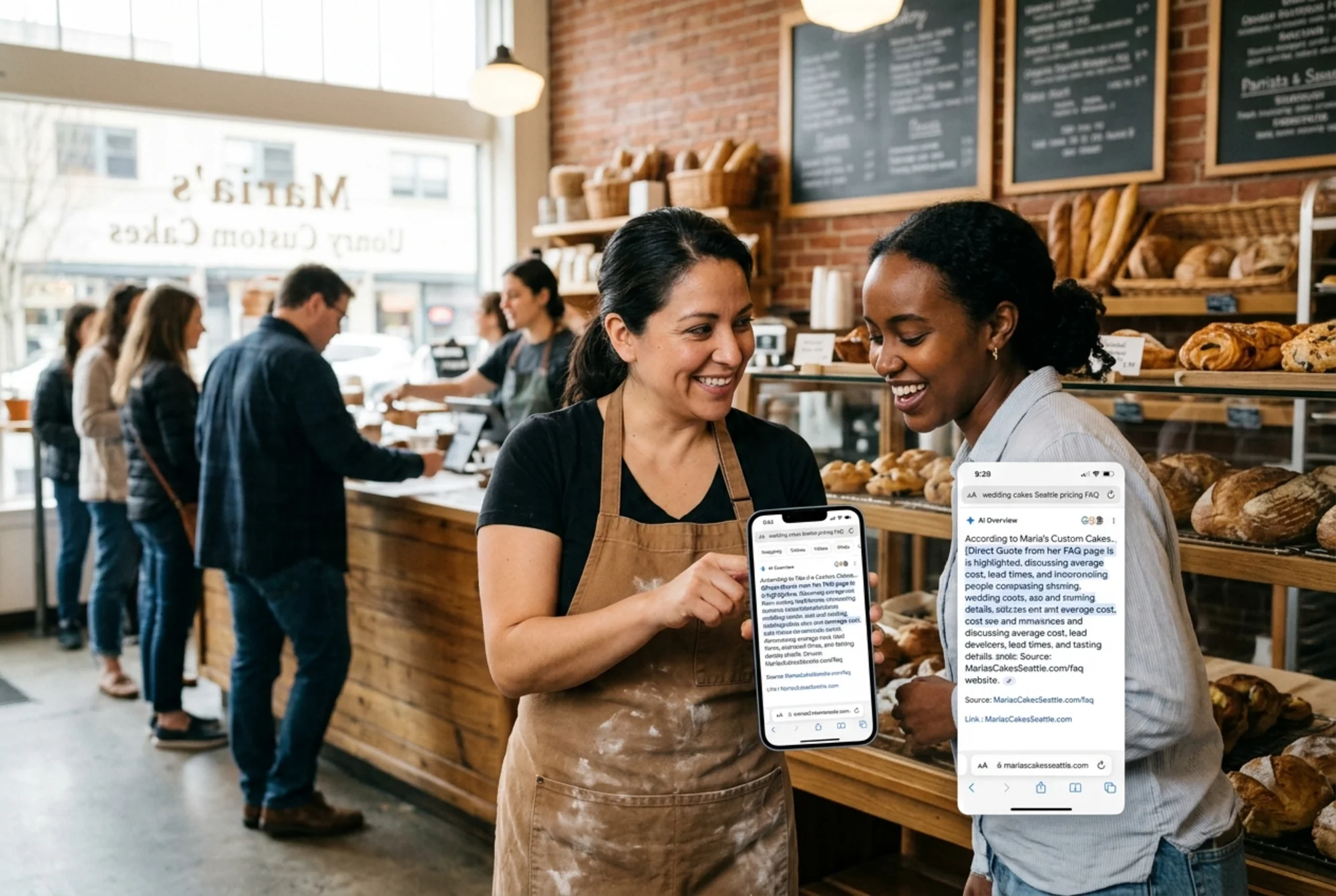 A small bakery owner smiling at her phone, showing a friend a Google AI Overview that quotes her shop's wedding cake FAQ page, with the bakery's actual storefront and a customer placing an order visible in the background