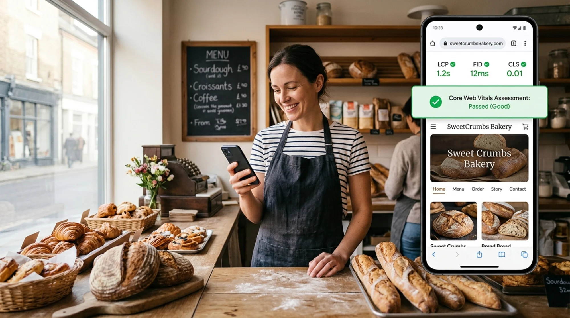 A small bakery owner behind the counter holding a phone showing her shop's website fully loaded with a green "Good" Core Web Vitals badge visible in PageSpeed Insights, warm morning light through the shop window, fresh bread on the counter