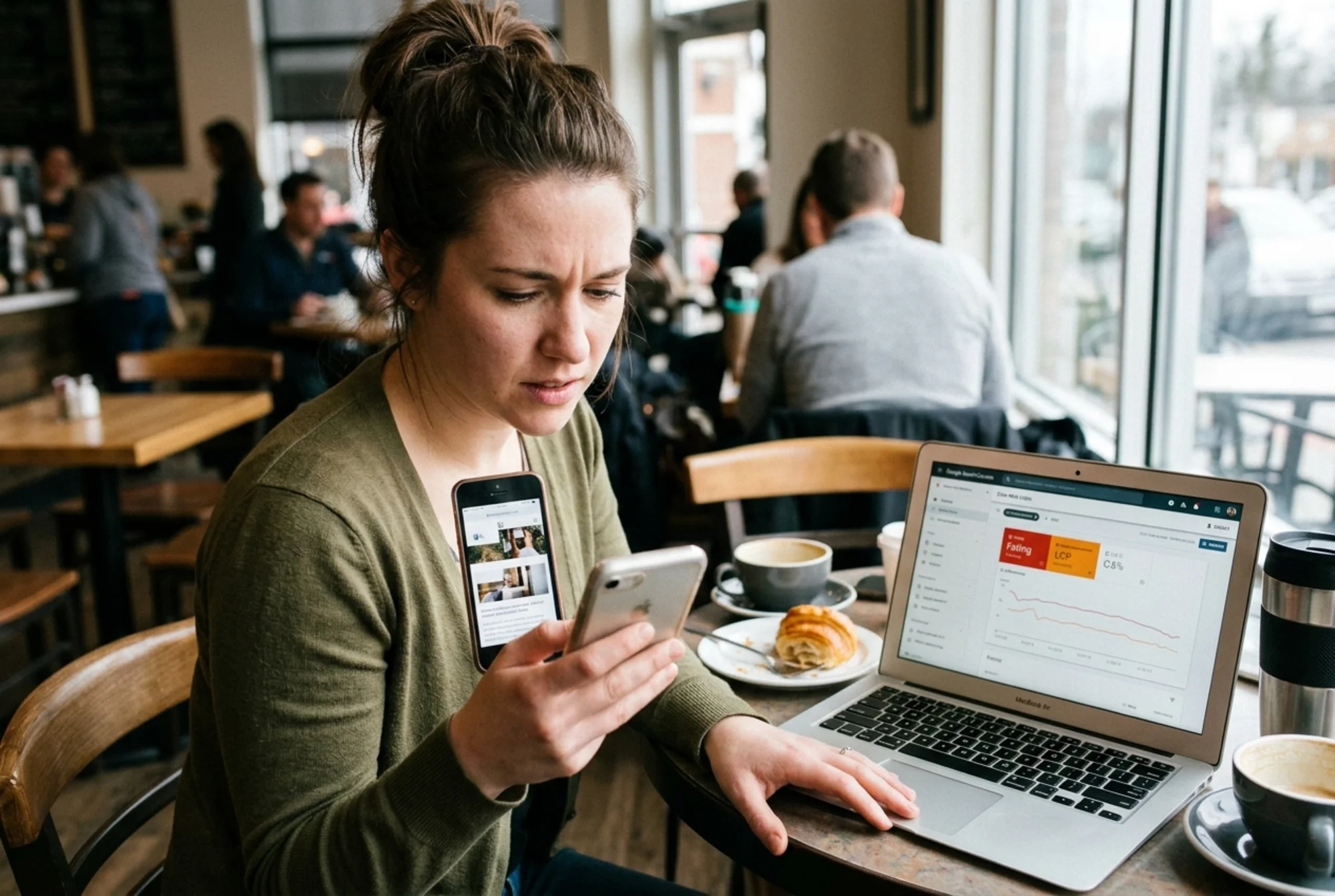 A frustrated solo founder at a coffee shop table watching her WordPress site slowly assemble on her phone, the hero image popping in late and pushing the menu down, a laptop next to her open to Google Search Console showing a failing Core Web Vitals report