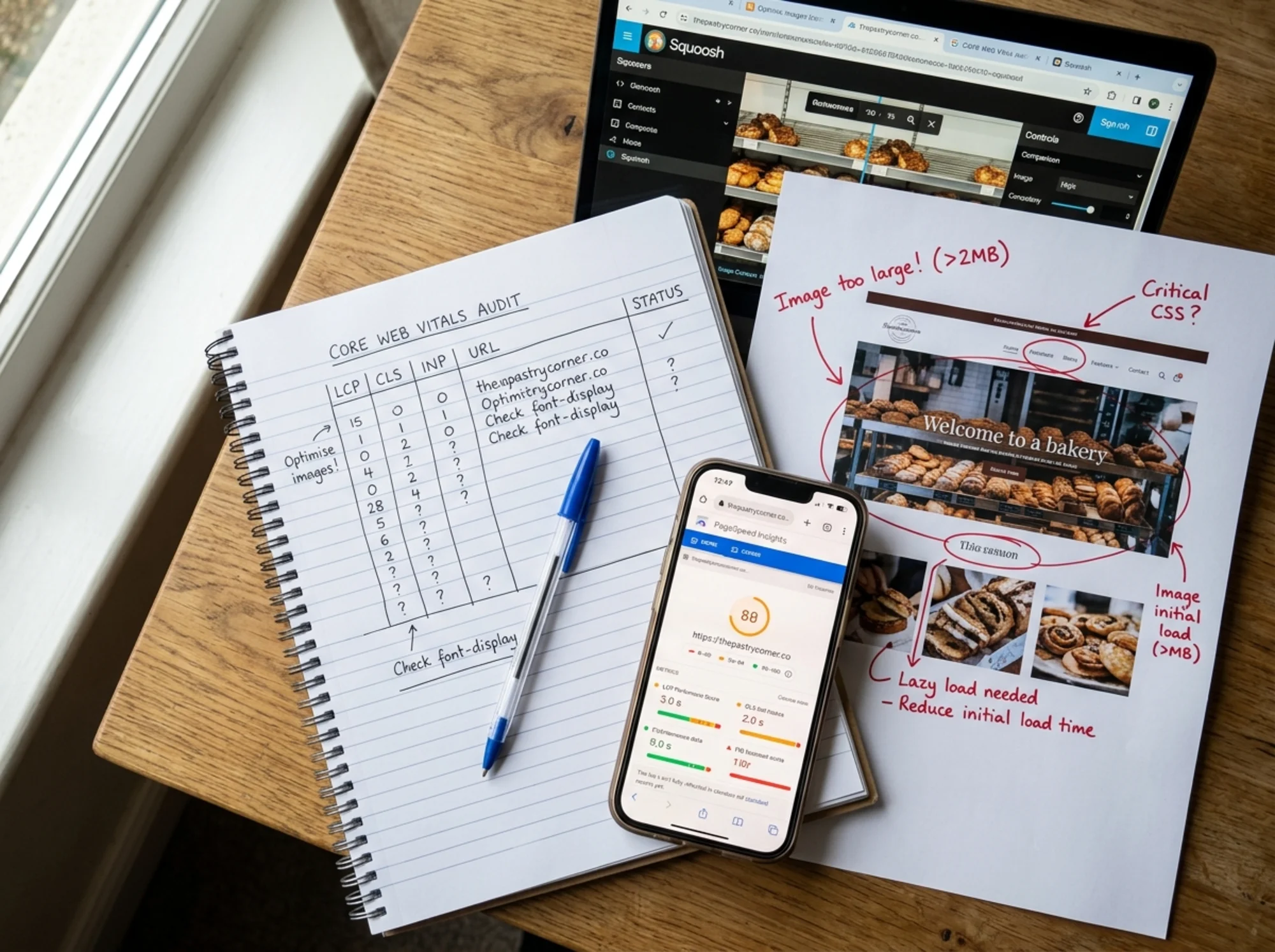 A close overhead shot of a notebook with a handwritten LCP/CLS/INP checklist, a phone running PageSpeed Insights on a small bakery URL, a printed screenshot of an oversized hero image marked up in red pen, and a Squoosh browser tab visible on a laptop edge
