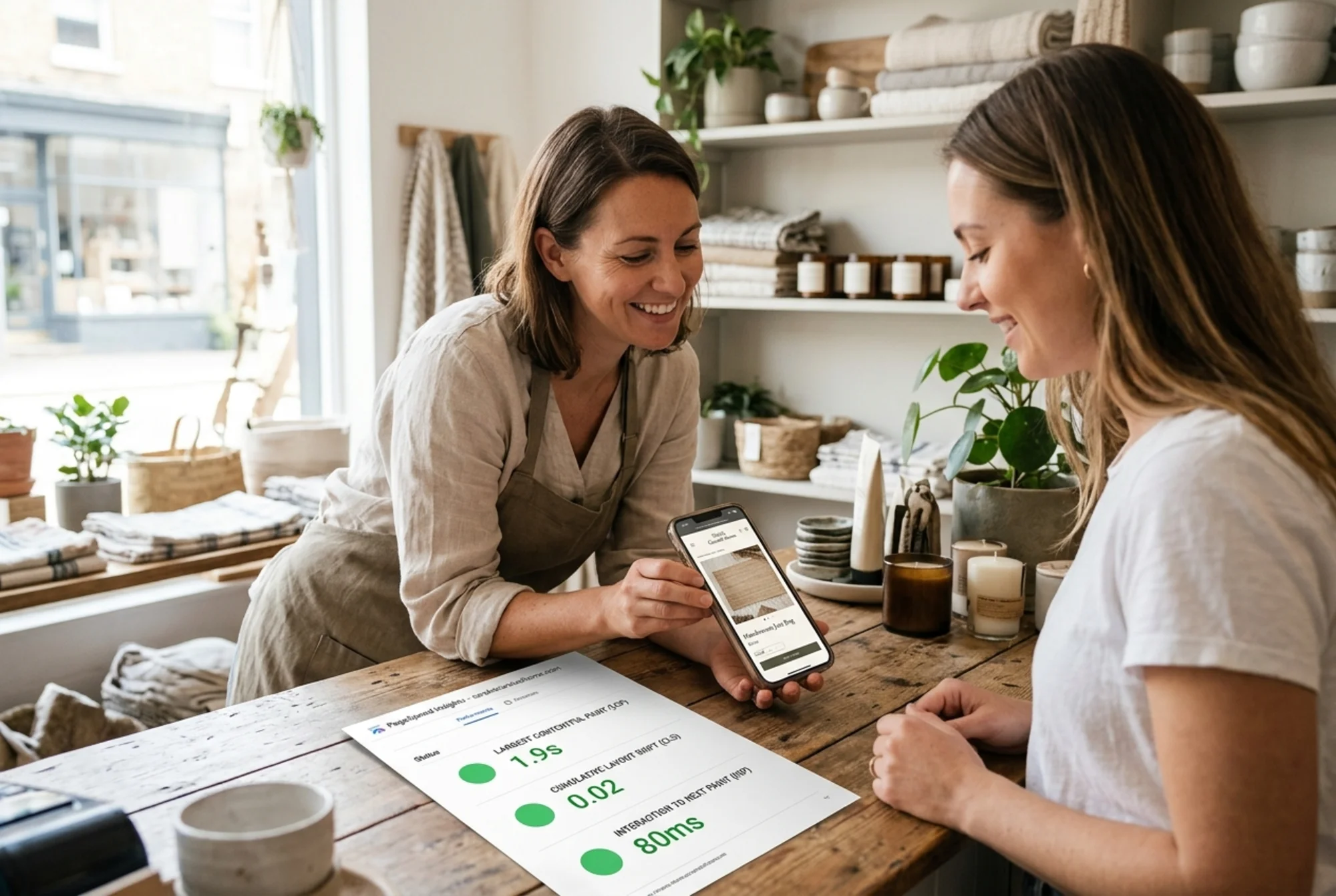 A small home goods boutique owner smiling as she shows a customer her phone, the product page snapping into place with crisp images and no layout shift, a printed PageSpeed Insights report on the counter showing LCP, CLS, and INP all green