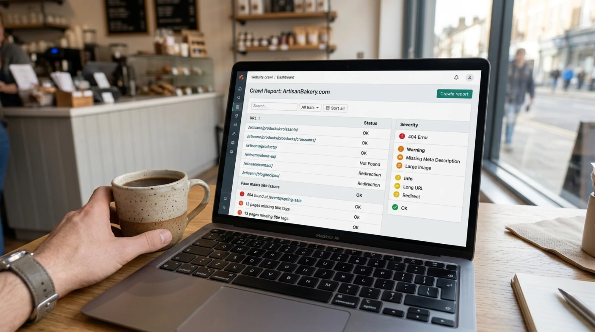 Close-up of a laptop screen showing a website crawl report dashboard with a color-coded severity column and a sortable list of URLs, a small business owner's hand resting on a coffee mug beside the keyboard, soft morning light through a shop window