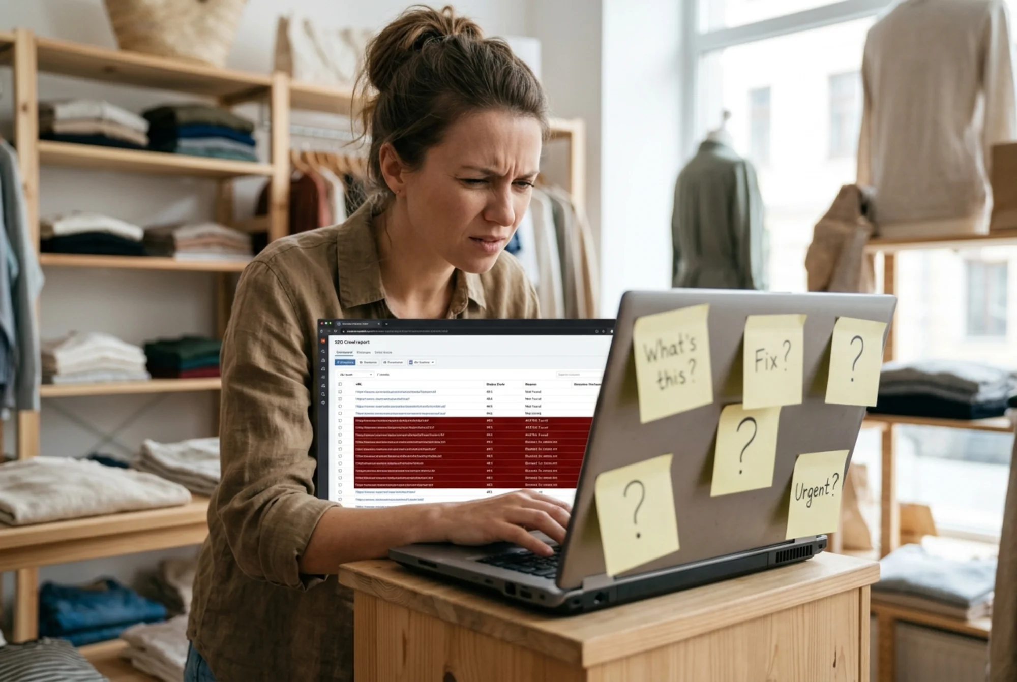 Boutique owner squinting at a laptop screen filled with red "404 Not Found" and "Blocked by robots.txt" rows from an SEO crawl report, sticky notes with question marks stuck around the screen bezel, shop shelving blurred in the background
