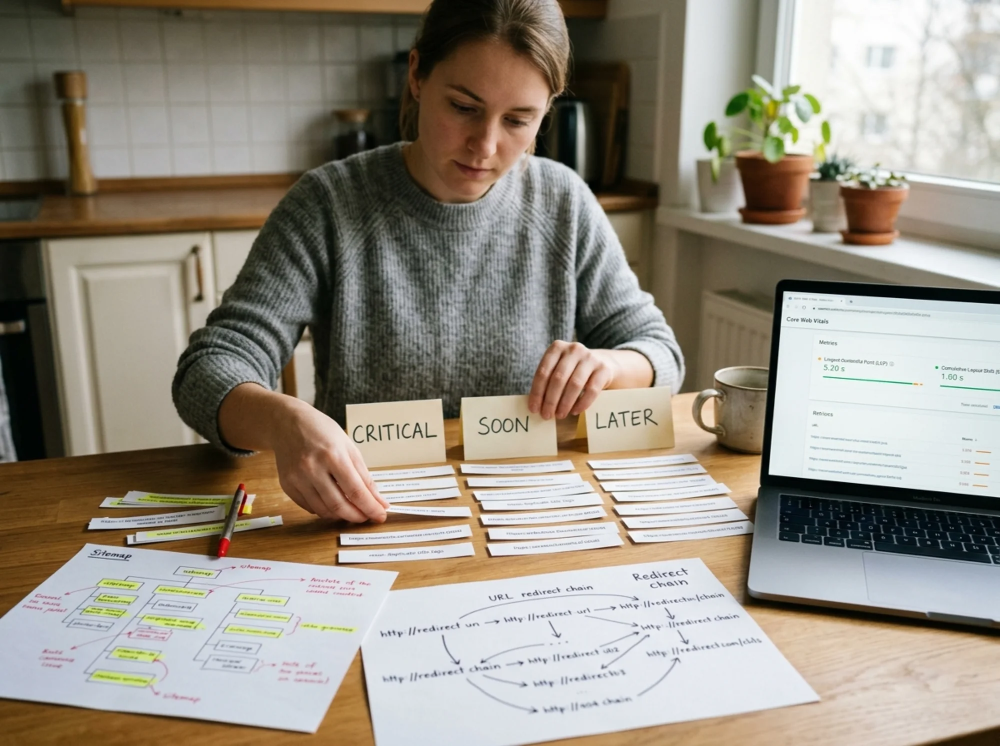 Marketing freelancer at a kitchen table sorting printed crawl-report rows into three labeled piles — "Critical", "Soon", "Later" — with a highlighted sitemap printout, a redirect-chain diagram, and a laptop showing Core Web Vitals metrics open beside them
