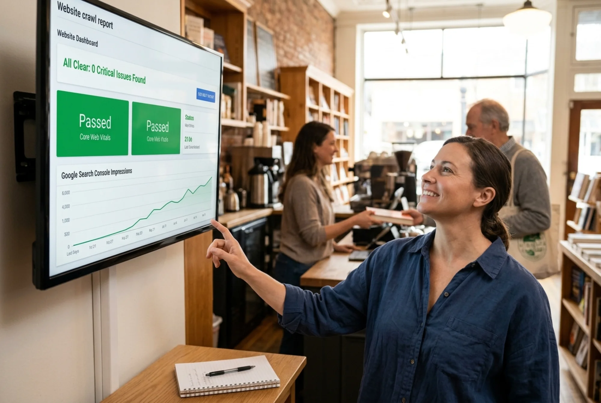 Small business owner smiling at a wall-mounted monitor displaying a clean crawl-report dashboard with zero critical issues, a green Core Web Vitals panel, and an upward Search Console impressions chart, a returning customer visible at the checkout counter