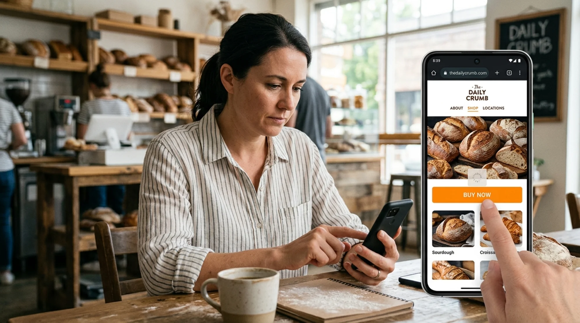 A small business owner on a mobile phone tapping a "Buy Now" button on a bakery website, with a subtle frozen-cursor visual cue showing the page is briefly unresponsive even though the hero image and menu have already painted