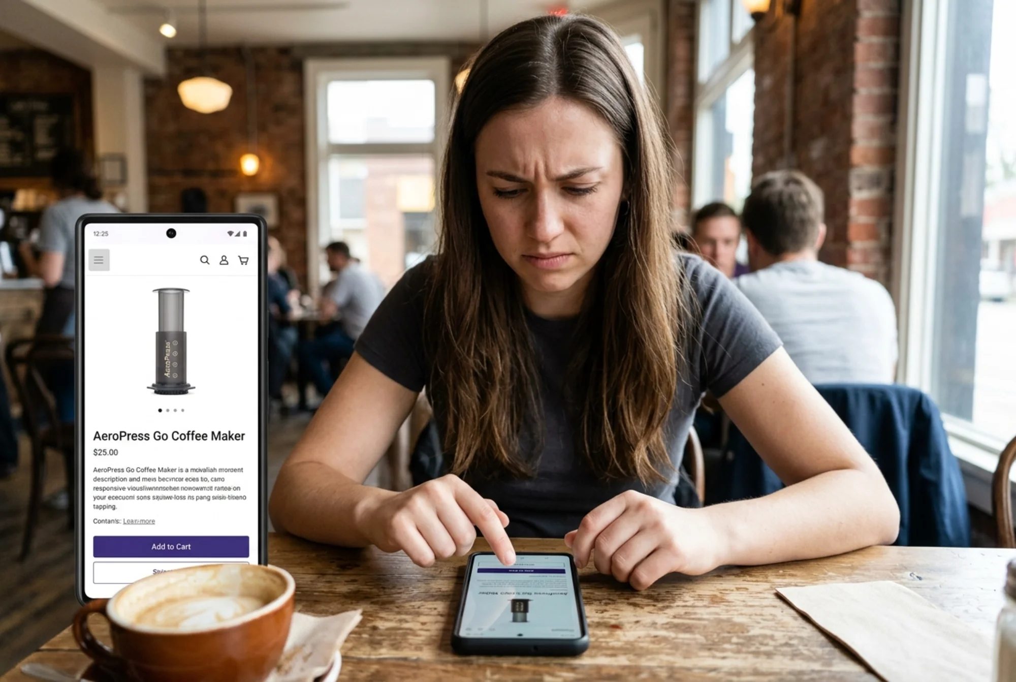 A frustrated shopper at a cafe table holding a phone where a Shopify product page has loaded visually but the menu icon and "Add to Cart" button refuse to respond when tapped repeatedly