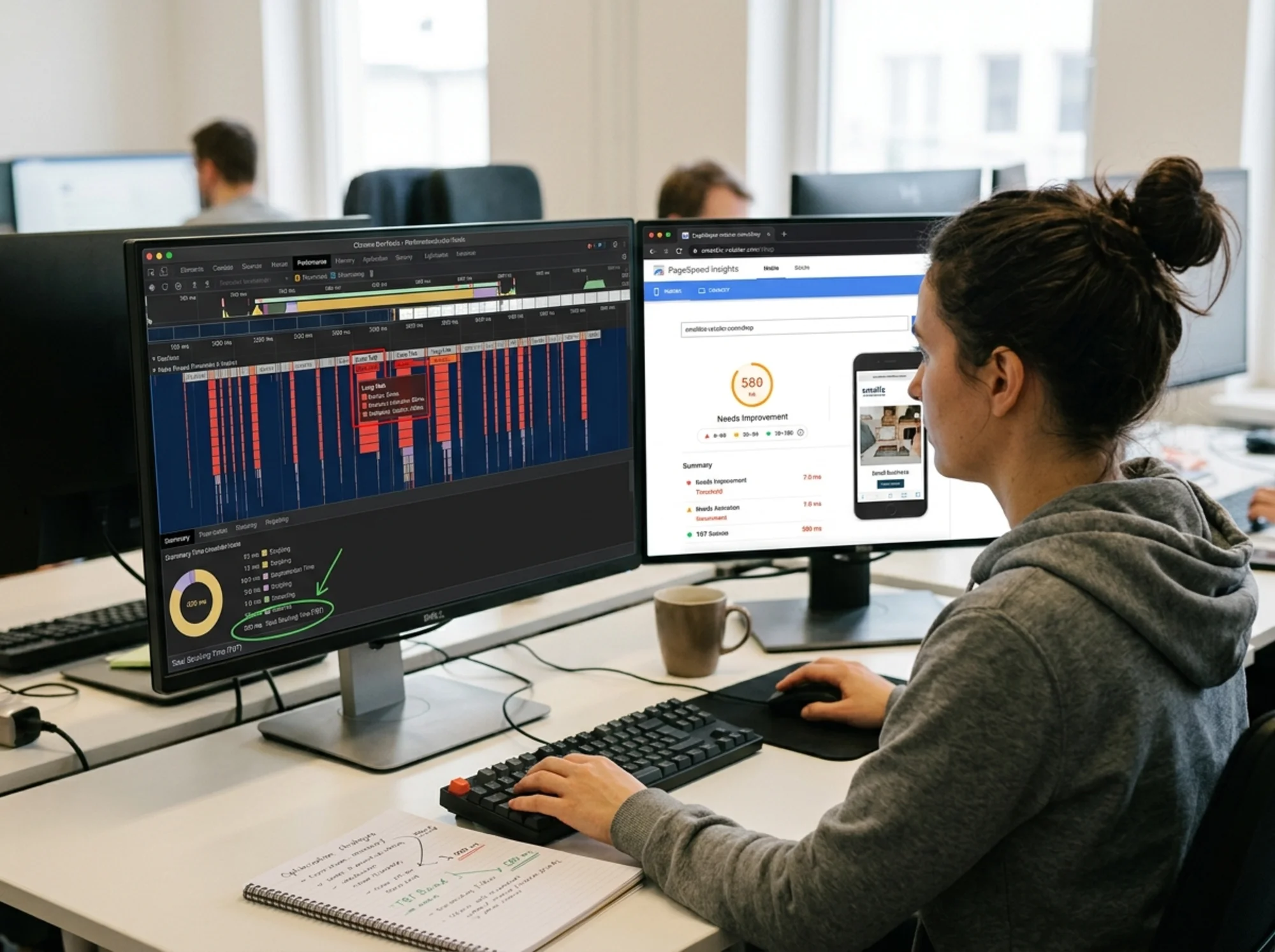 A web developer reviewing the Chrome DevTools Performance panel side-by-side with a PageSpeed Insights mobile report, with red long-task bars and a highlighted Total Blocking Time score