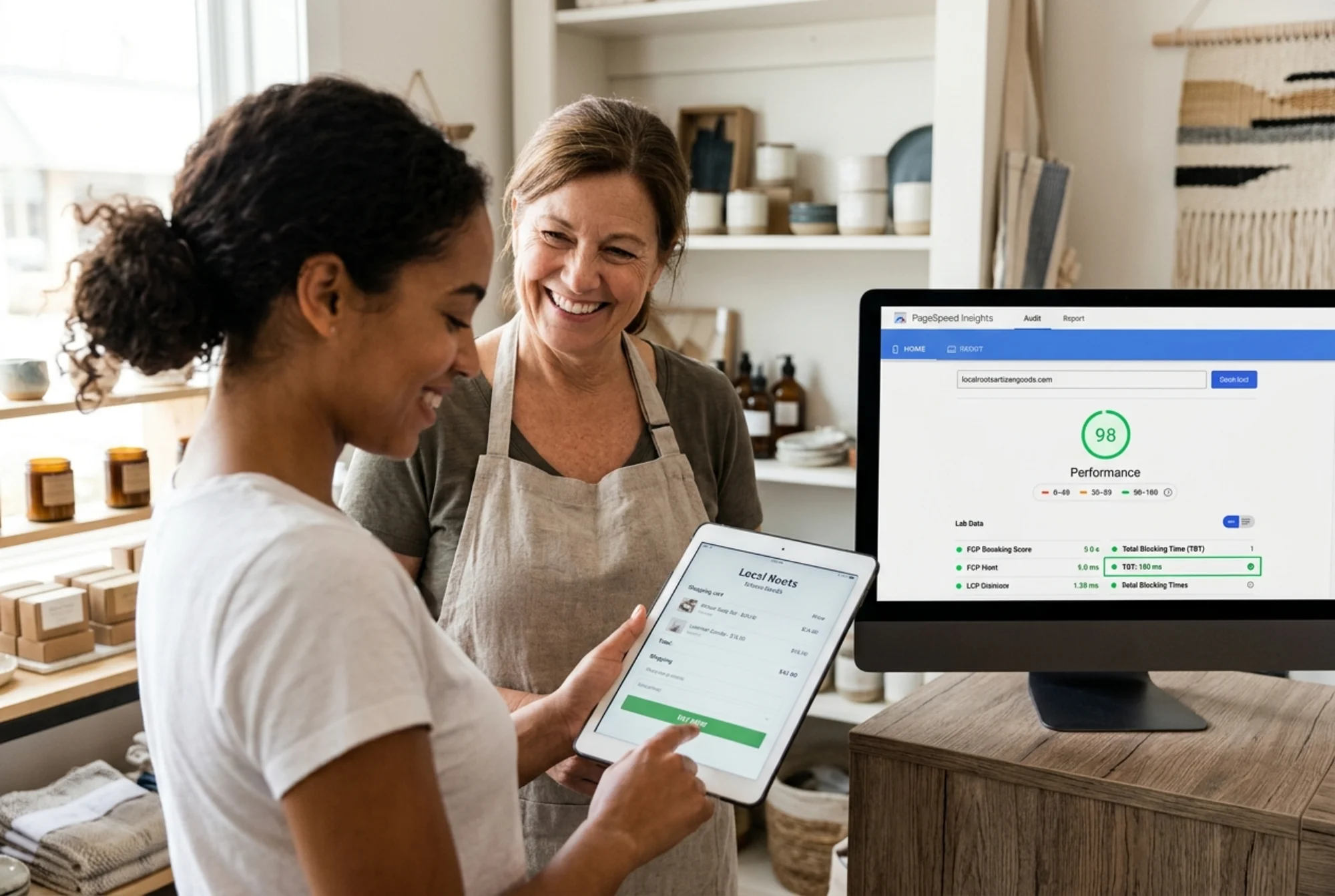 A small business owner smiling as a customer smoothly taps through a checkout flow on a tablet, with a PageSpeed Insights report on a monitor showing a green TBT score under 200ms